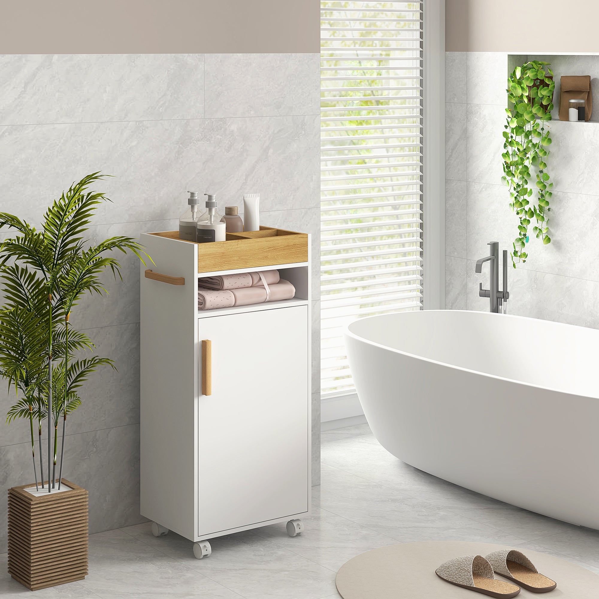 Armário Casa de Banho Moderno com Prateleiras Ajustáveis 40x30x88 cm - Branco e Madeira