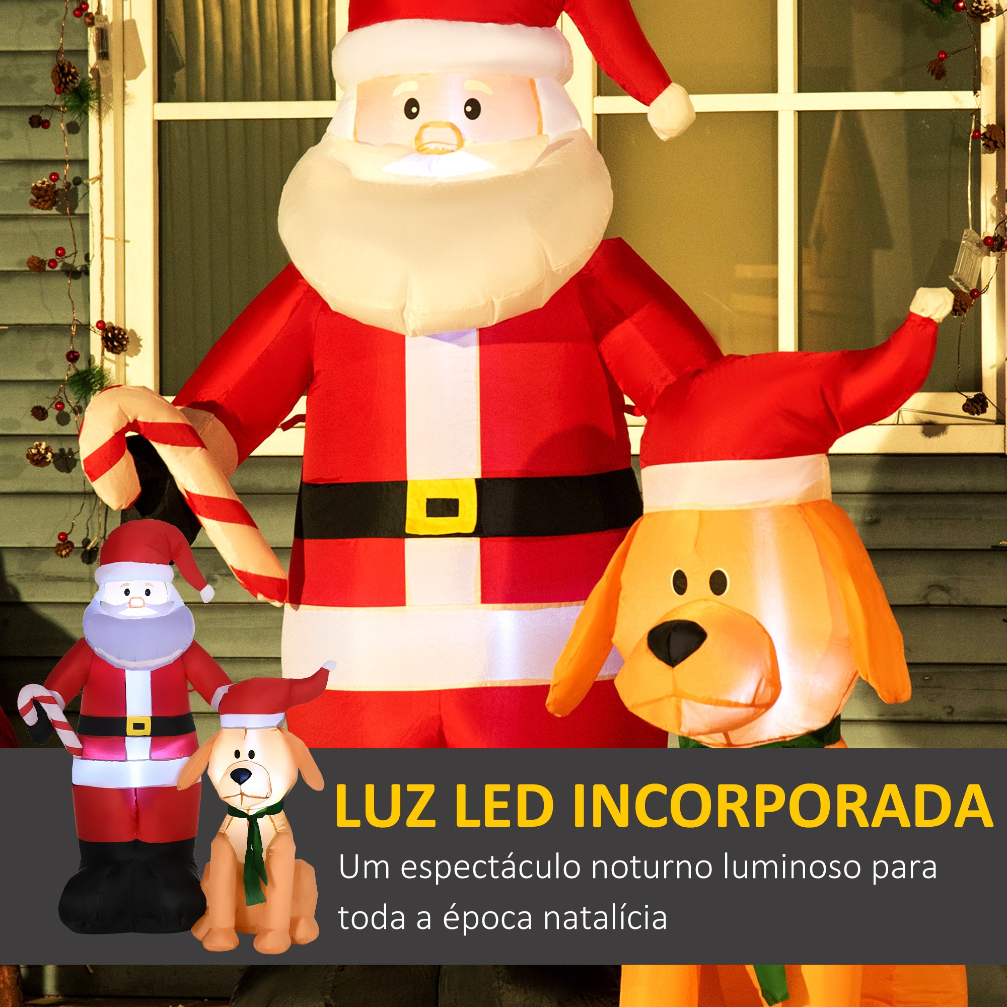 Decoração de Natal Pai Natal e Cão com Luzes LED 117x80x157cm Vermelho