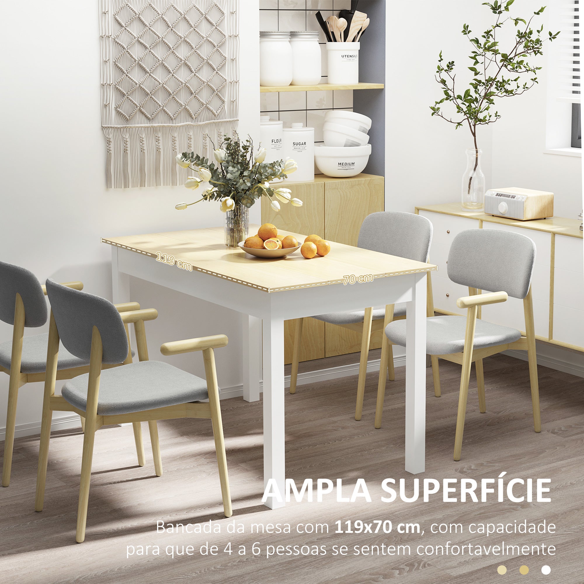 Mesa de Sala de Jantar Retangular 119x70x76 cm - Branco e Madeira