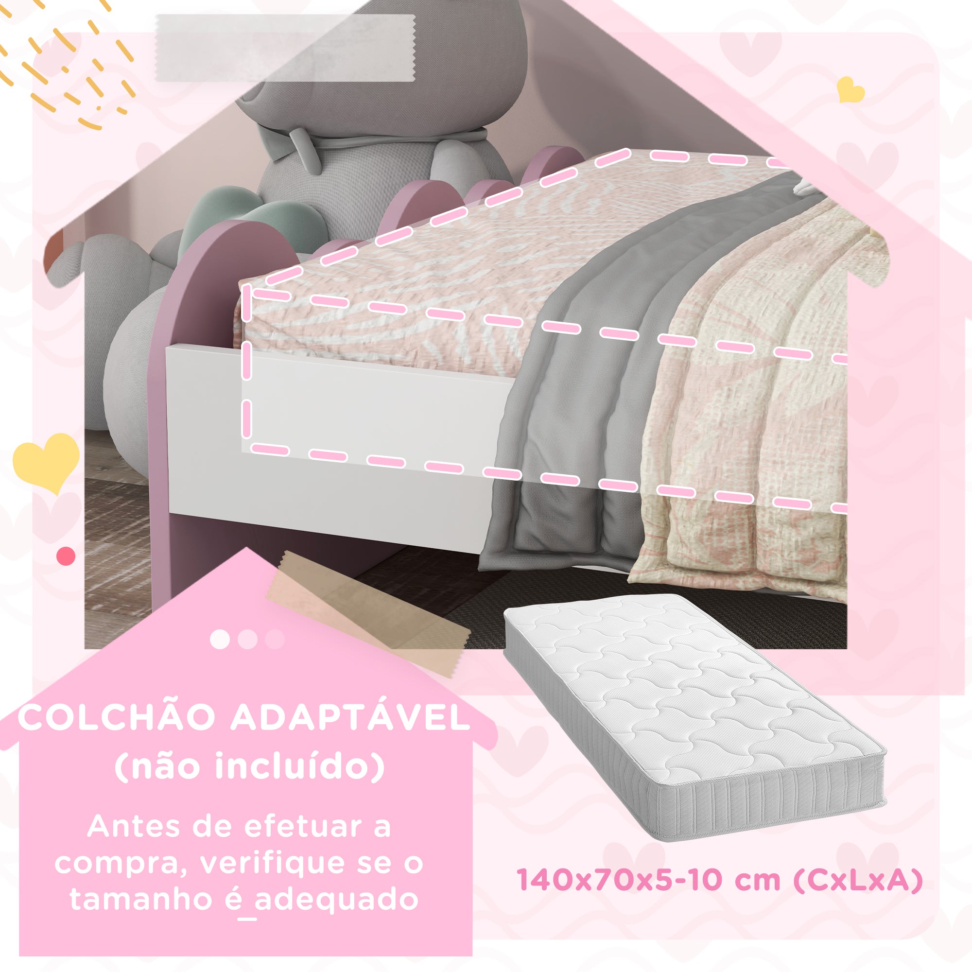 Cama Infantil Arco-Íris 143x74x66 cm Rosa Multicor