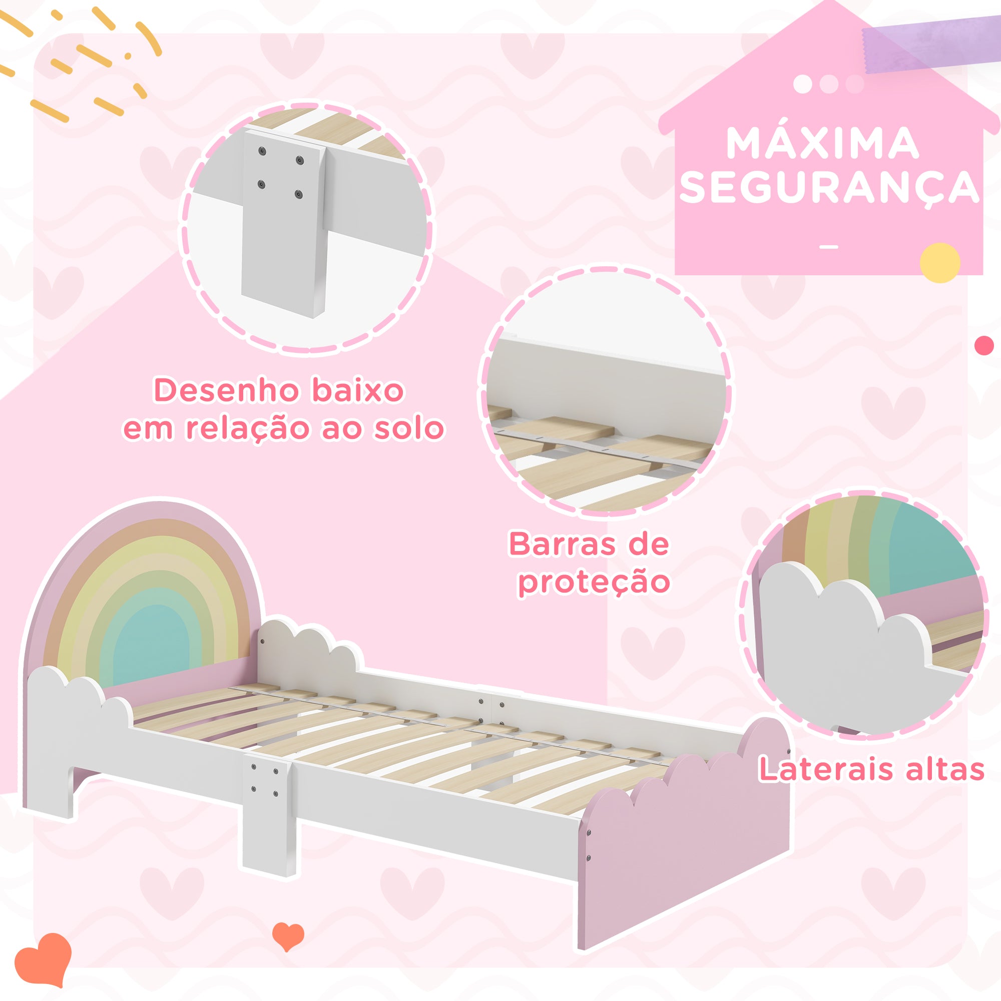 Cama Infantil Arco-Íris 143x74x66 cm Rosa Multicor