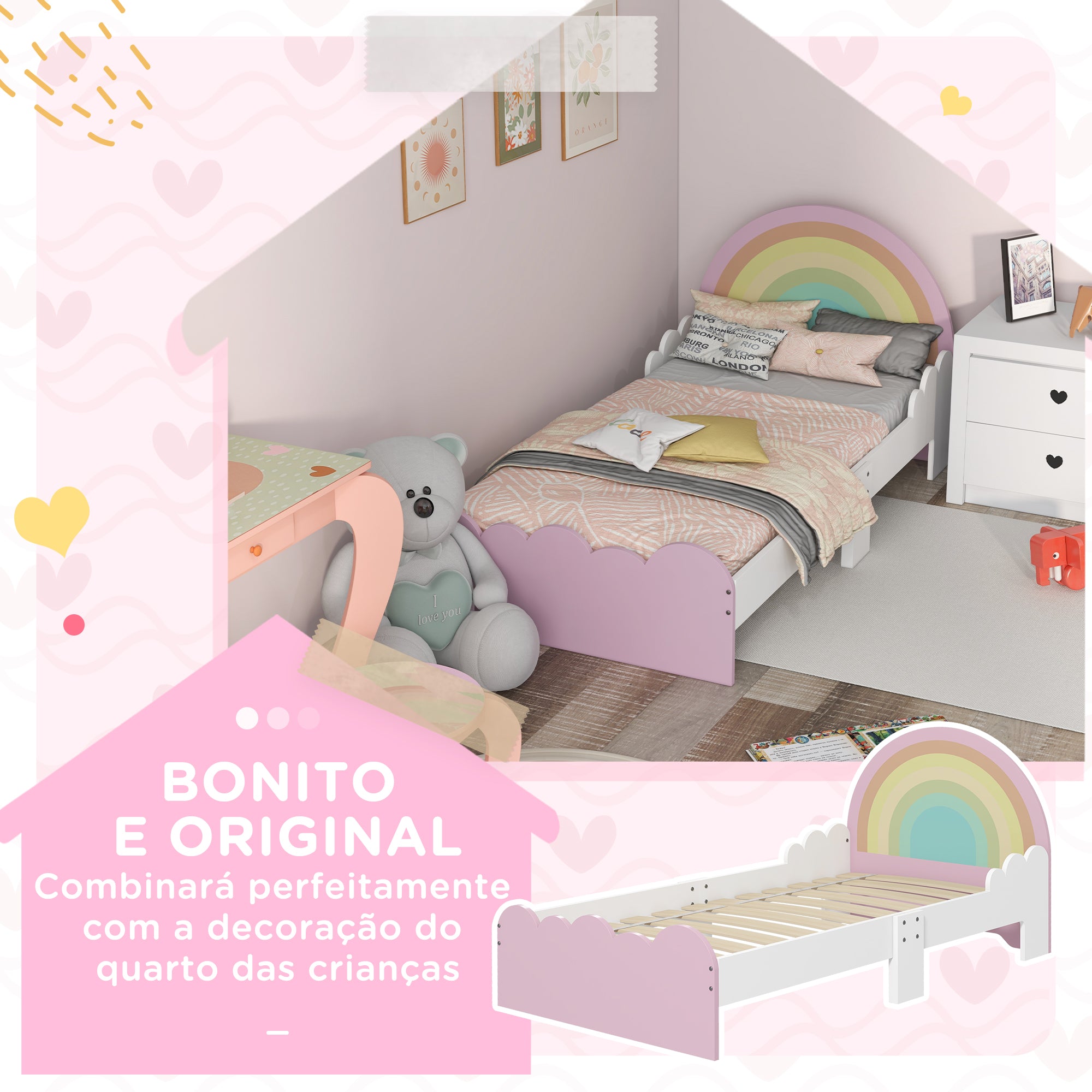 Cama Infantil Arco-Íris 143x74x66 cm Rosa Multicor