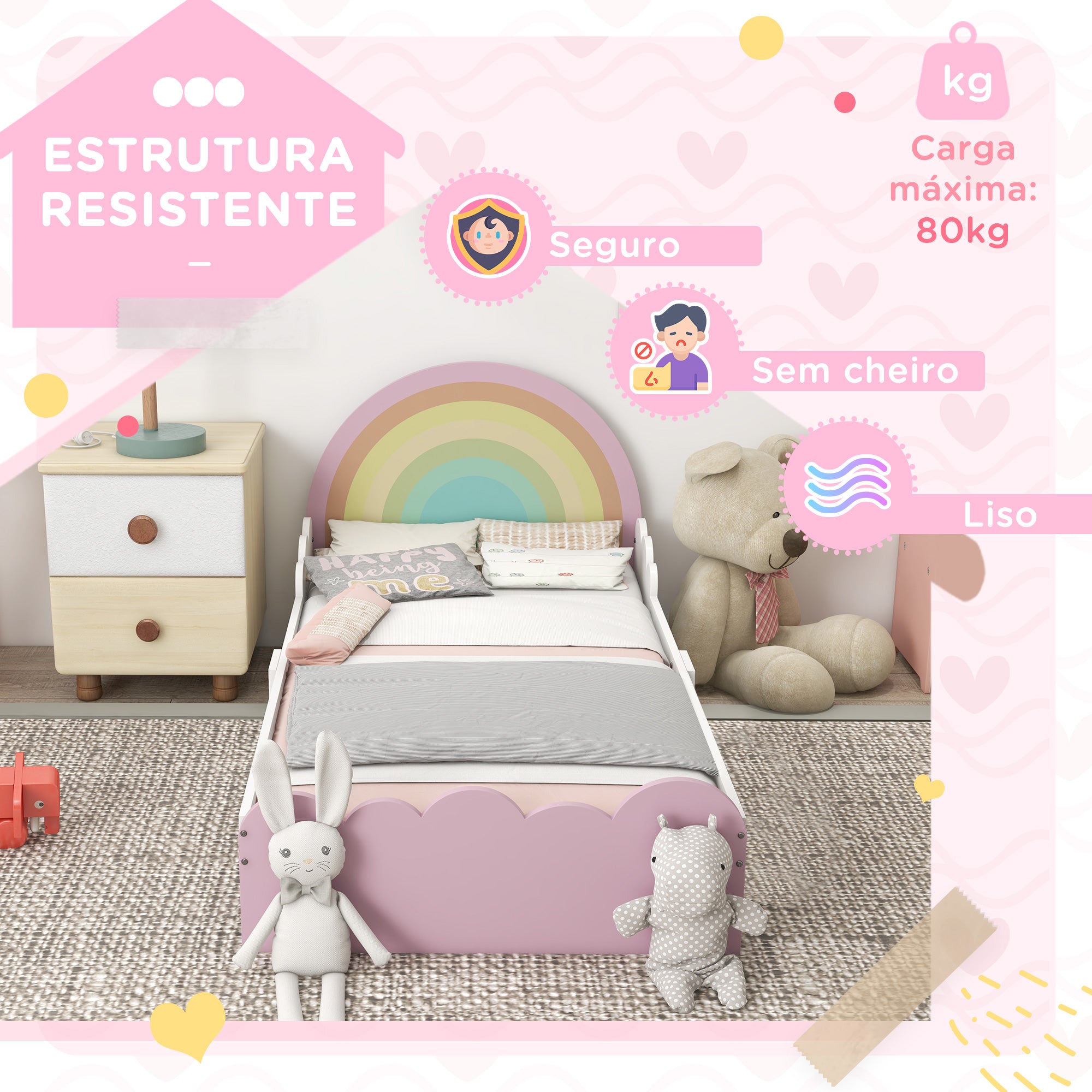 Cama Infantil Arco-Íris 143x74x66 cm Rosa Multicor