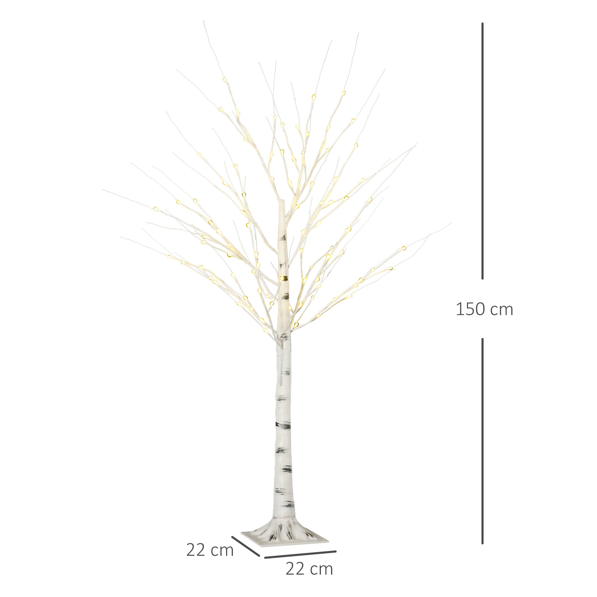 Árvore de Bétula Branca 150cm com 96 Luzes LED Branco Quente - Medidas 22x22x150cm