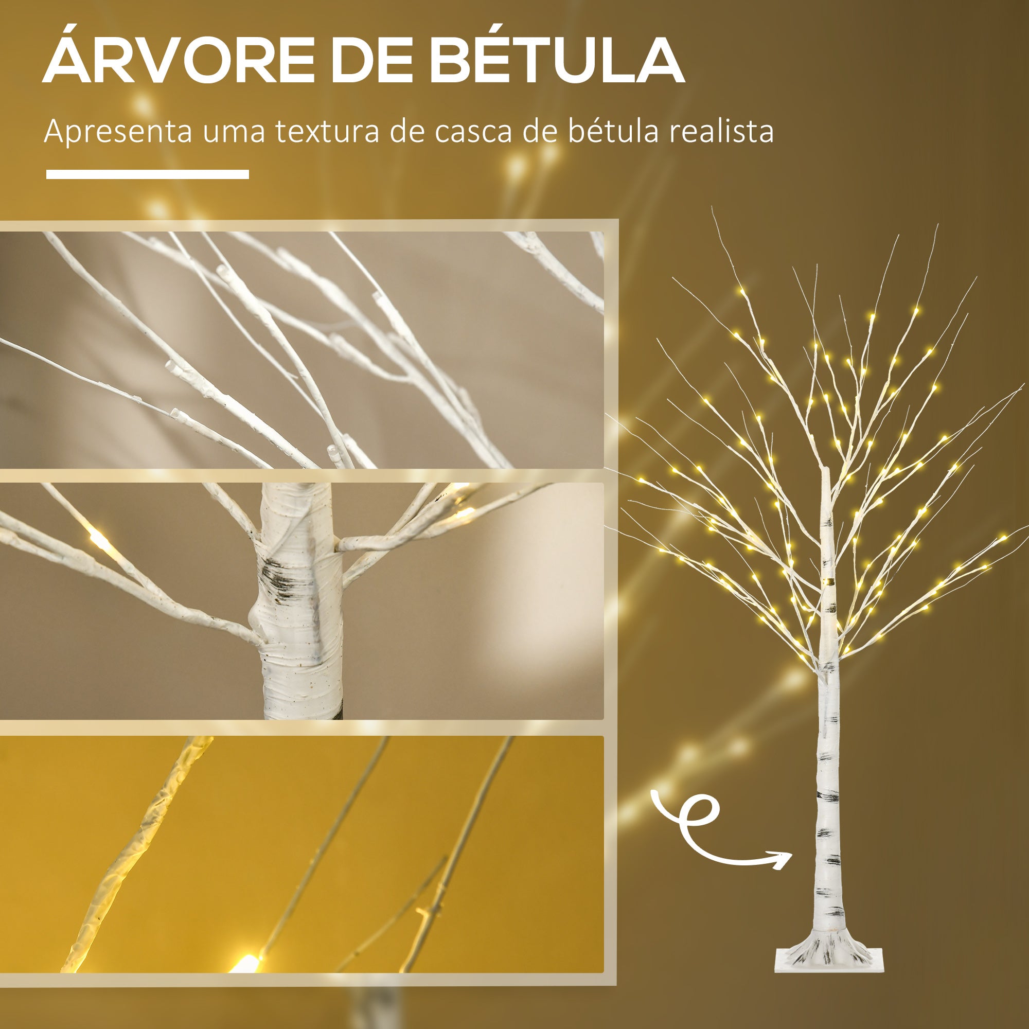 Árvore de Bétula Branca 150cm com 96 Luzes LED Branco Quente - Medidas 22x22x150cm
