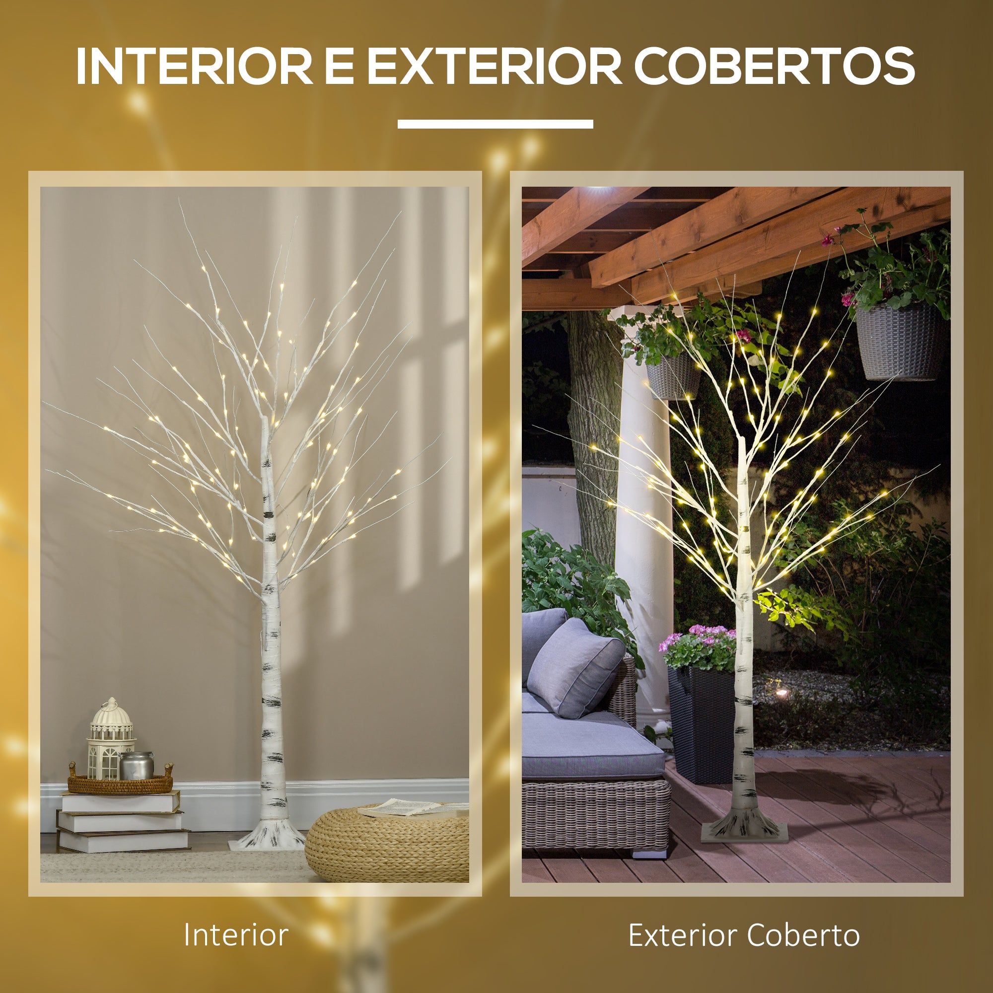 Árvore de Bétula Branca 150cm com 96 Luzes LED Branco Quente - Medidas 22x22x150cm