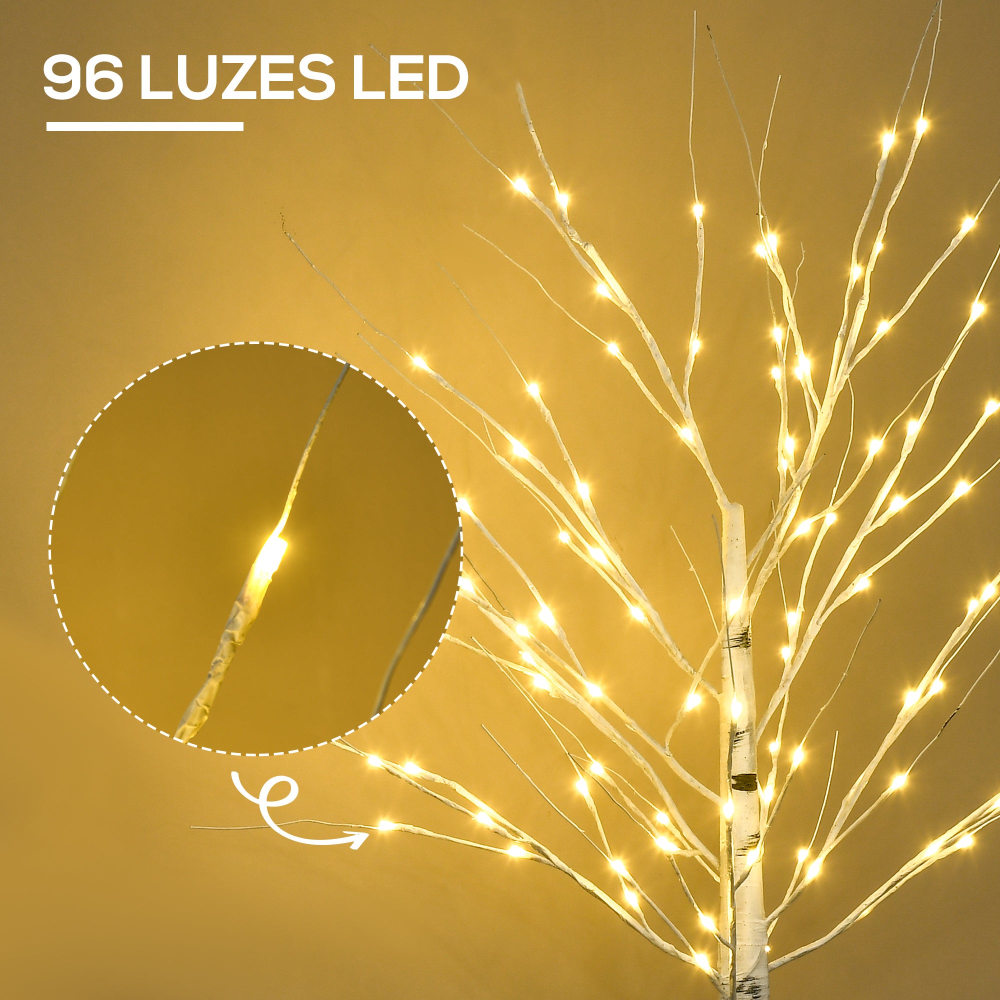 Árvore de Bétula Branca 150cm com 96 Luzes LED Branco Quente - Medidas 22x22x150cm