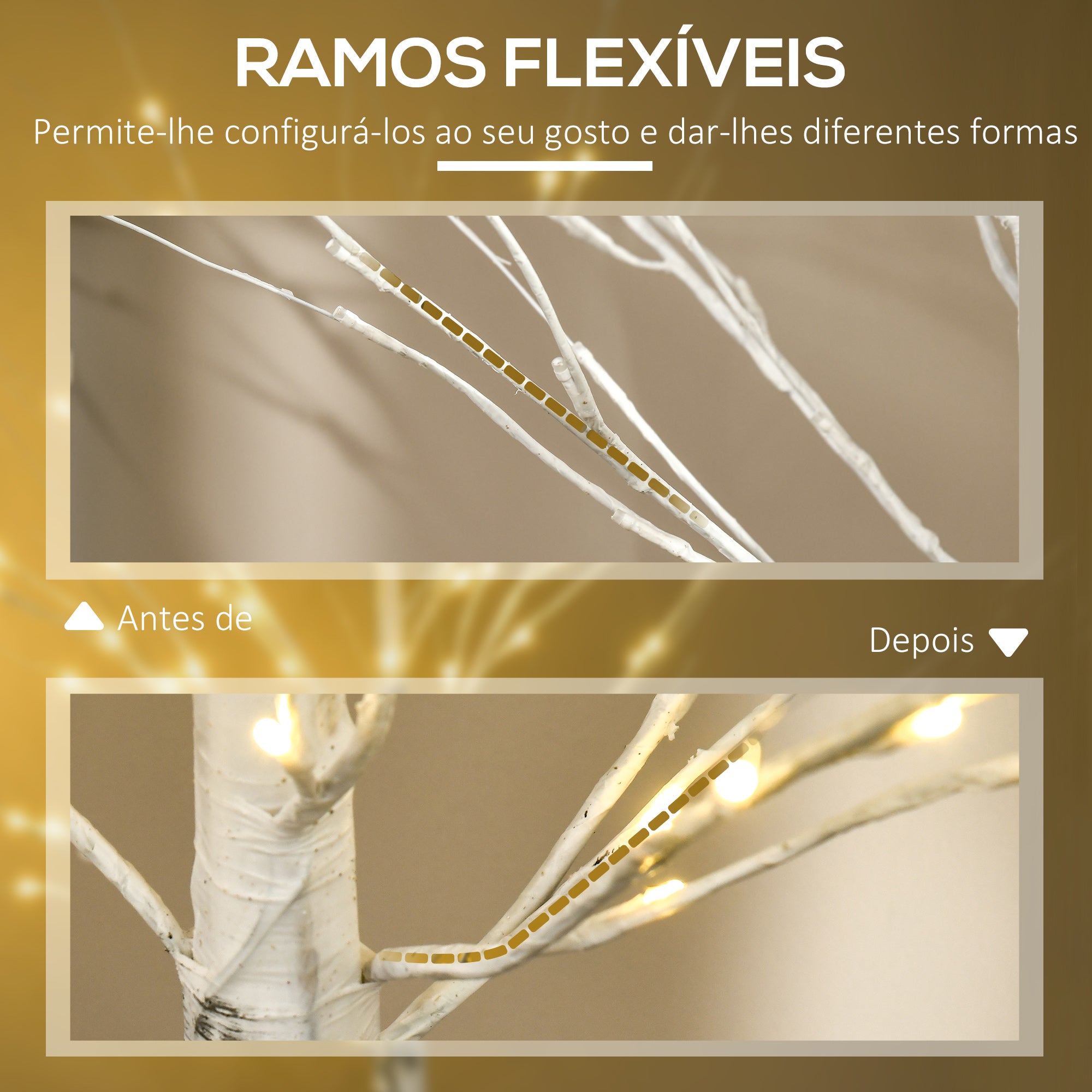 Árvore de Bétula Branca 150cm com 96 Luzes LED Branco Quente - Medidas 22x22x150cm
