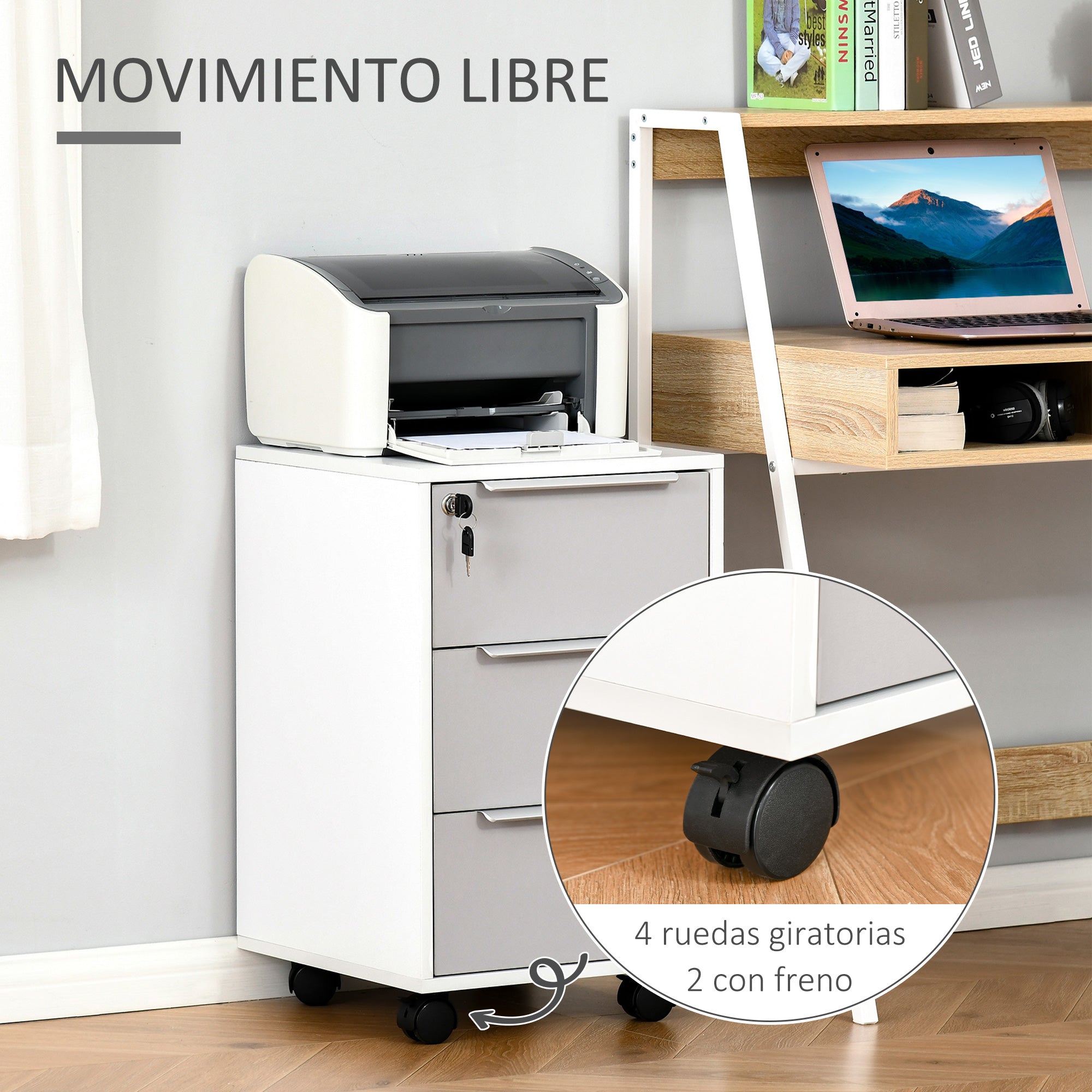 Bloco de Gavetas Móvel de Escritório 3 Gavetas 40x40x63,5 cm Branco e Cinza