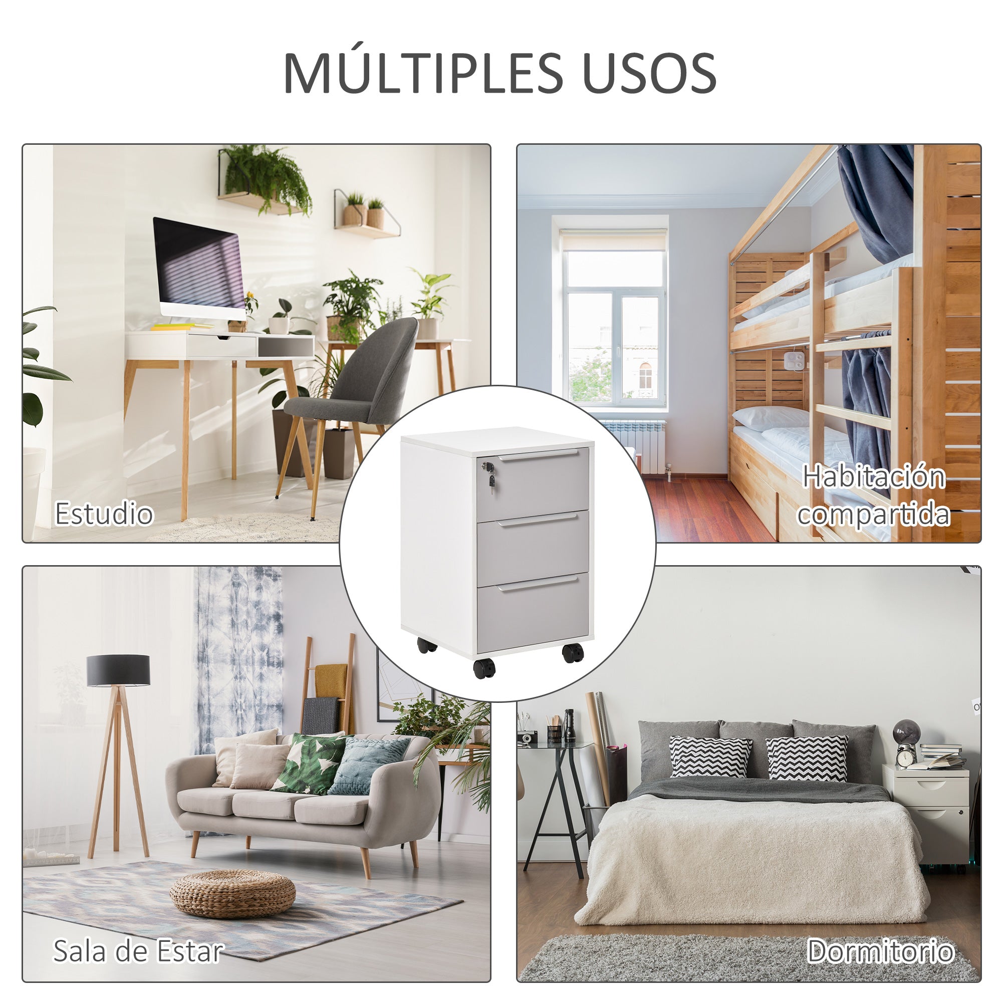 Bloco de Gavetas Móvel de Escritório 3 Gavetas 40x40x63,5 cm Branco e Cinza