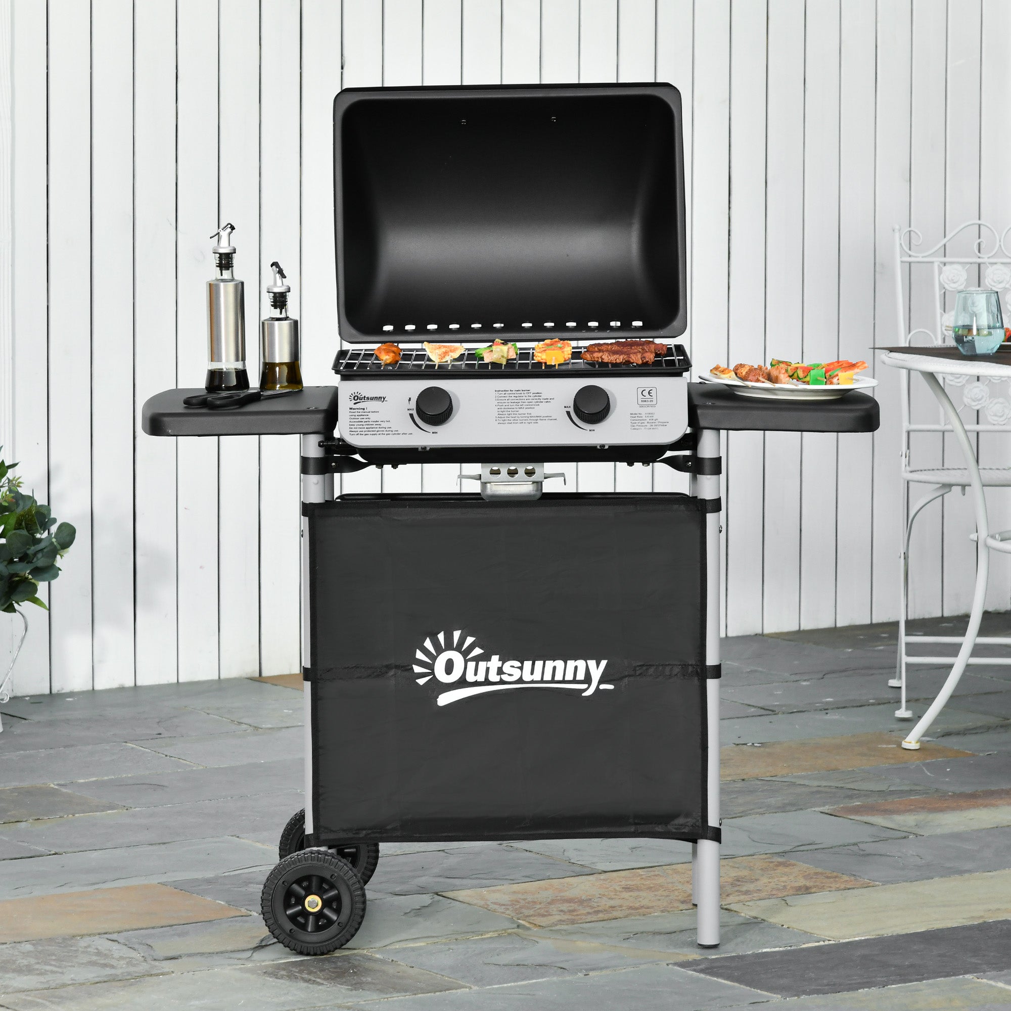 Barbecue a Gás com 2 Queimadores 2,8 KW e 2 Mesas Laterais - Preto 104x49x99 cm