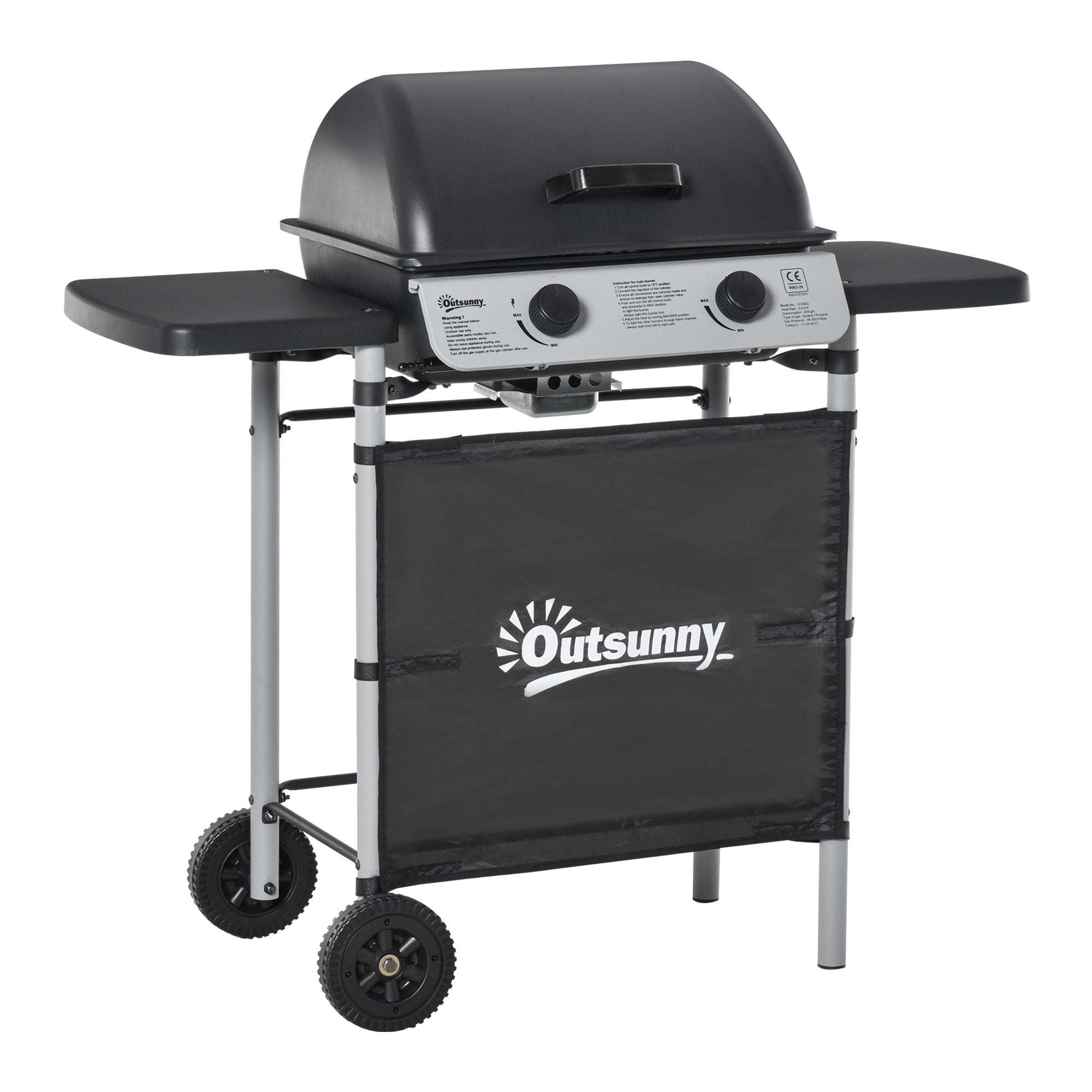 Barbecue a Gás com 2 Queimadores 2,8 KW e 2 Mesas Laterais - Preto 104x49x99 cm