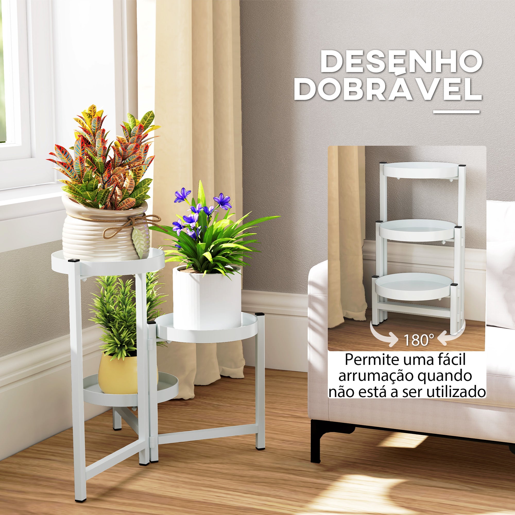 Suporte para Plantas Dobrável de 3 Níveis 40x40x42 cm - Branco