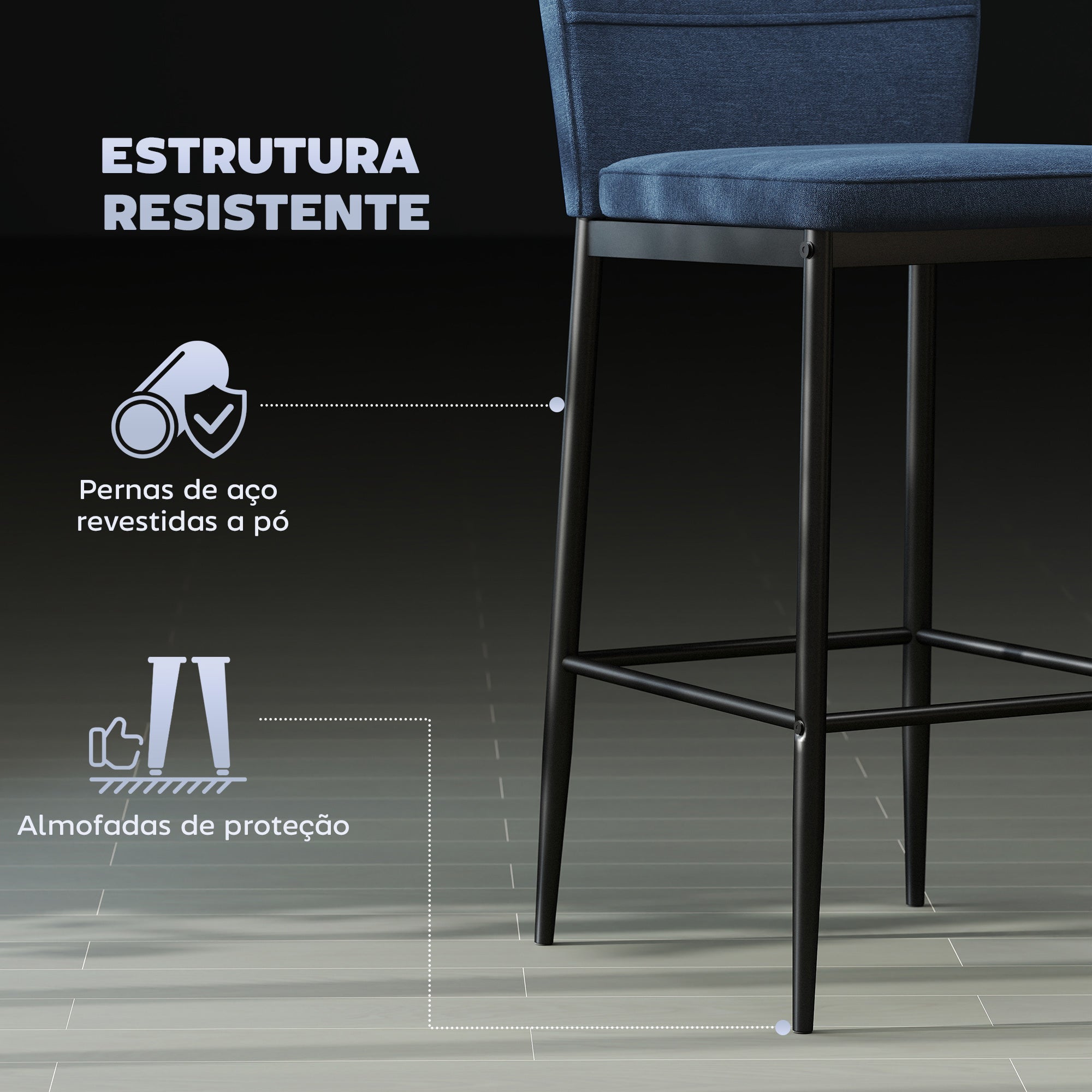 Bancos de Bar Estofados em Veludo Azul 41x52x97 cm - Conjunto de 2