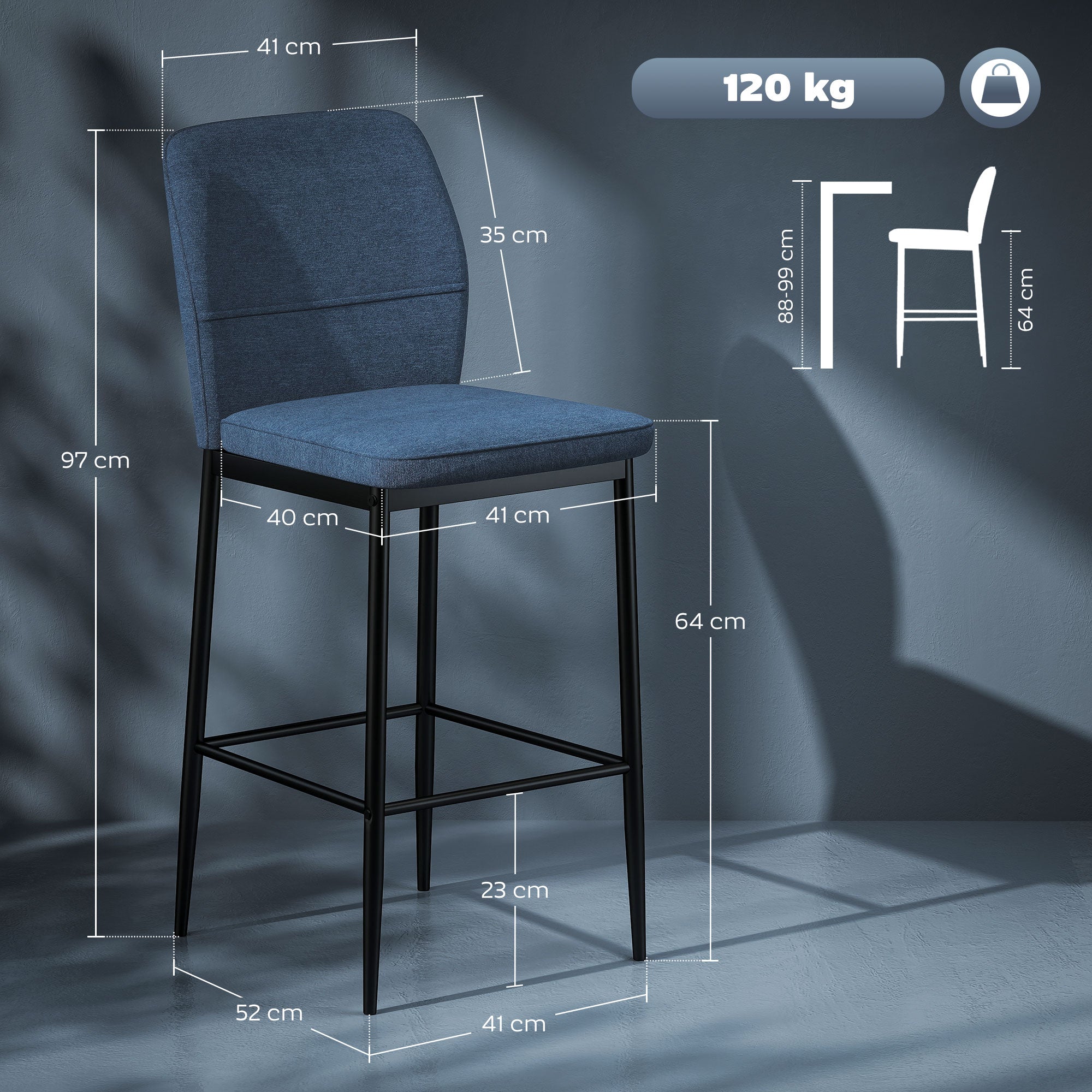 Bancos de Bar Estofados em Veludo Azul 41x52x97 cm - Conjunto de 2