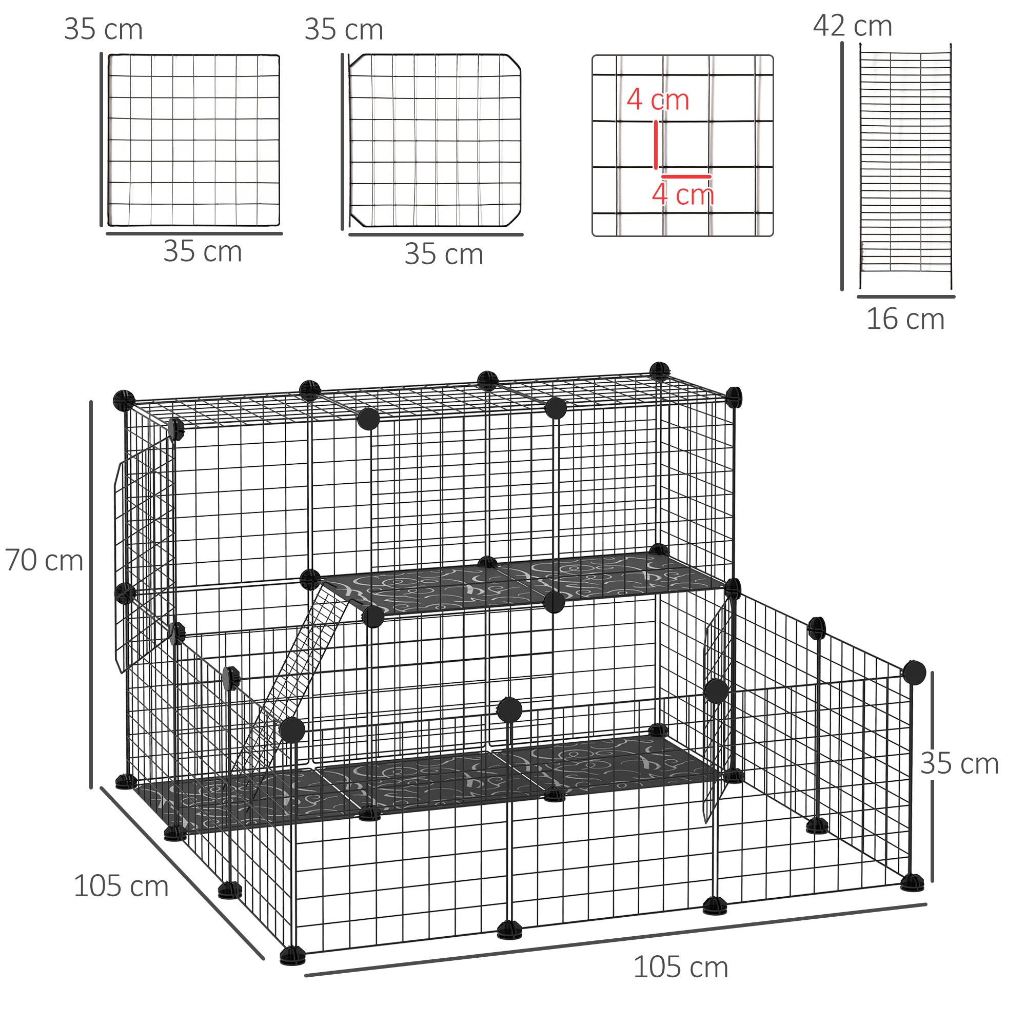 Recinto Modular para Pequenos Animais 105x105x70cm Preto