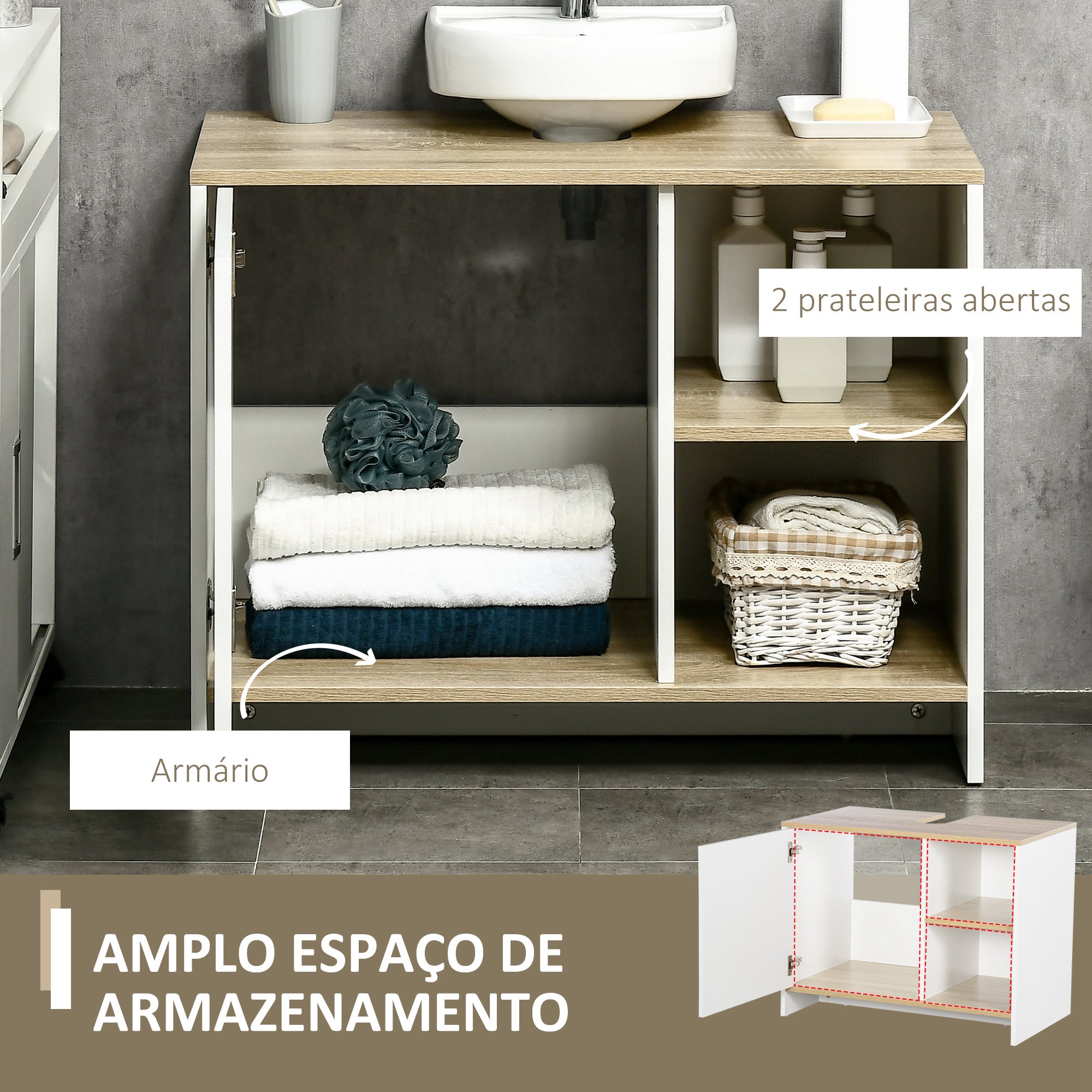 Móvel para Lavatório Branco e Madeira 77x45x60 cm - Organização e Elegância