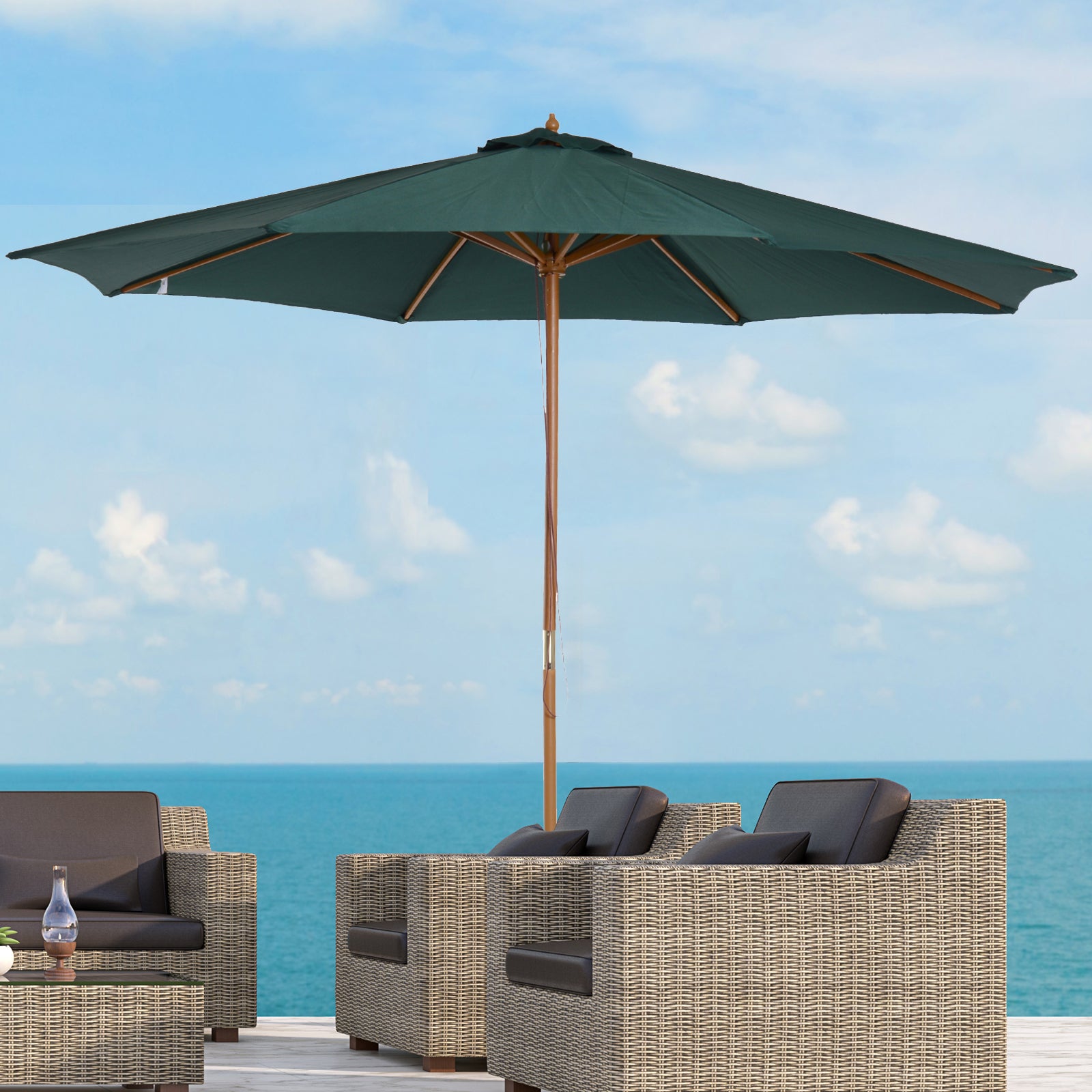 Chapéu de Sol Verde Ø300x250cm com Mastro de Madeira e 8 Hastes