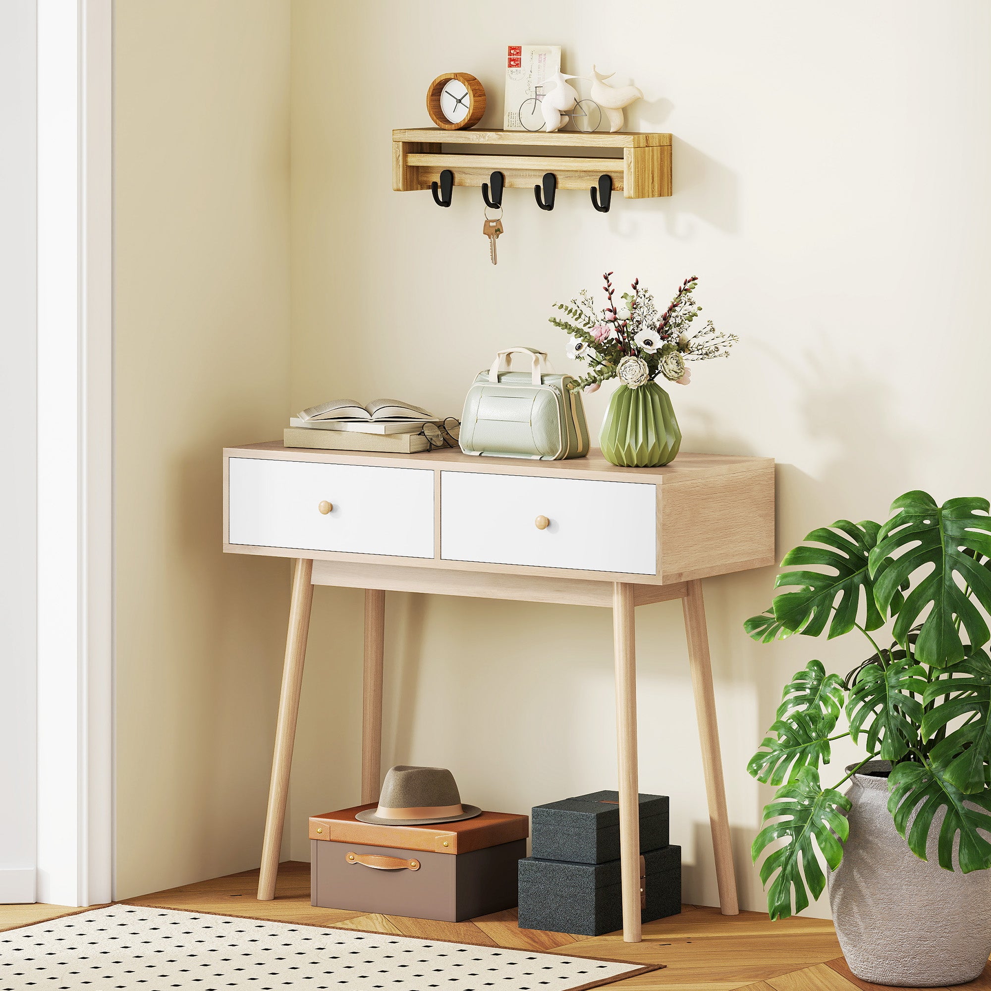Mesa Consola Estreita com 2 Gavetas 86x35x75 cm - Carvalho e Branco