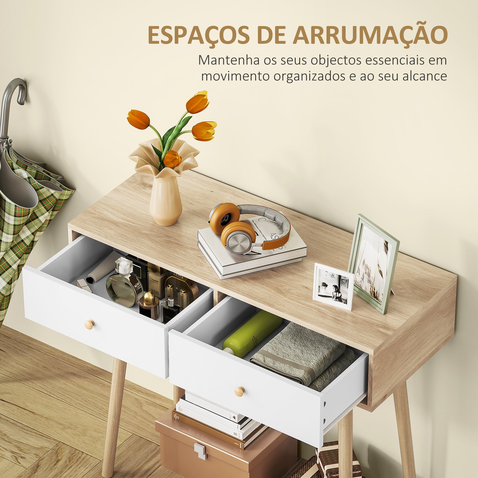 Mesa Consola Estreita com 2 Gavetas 86x35x75 cm - Carvalho e Branco