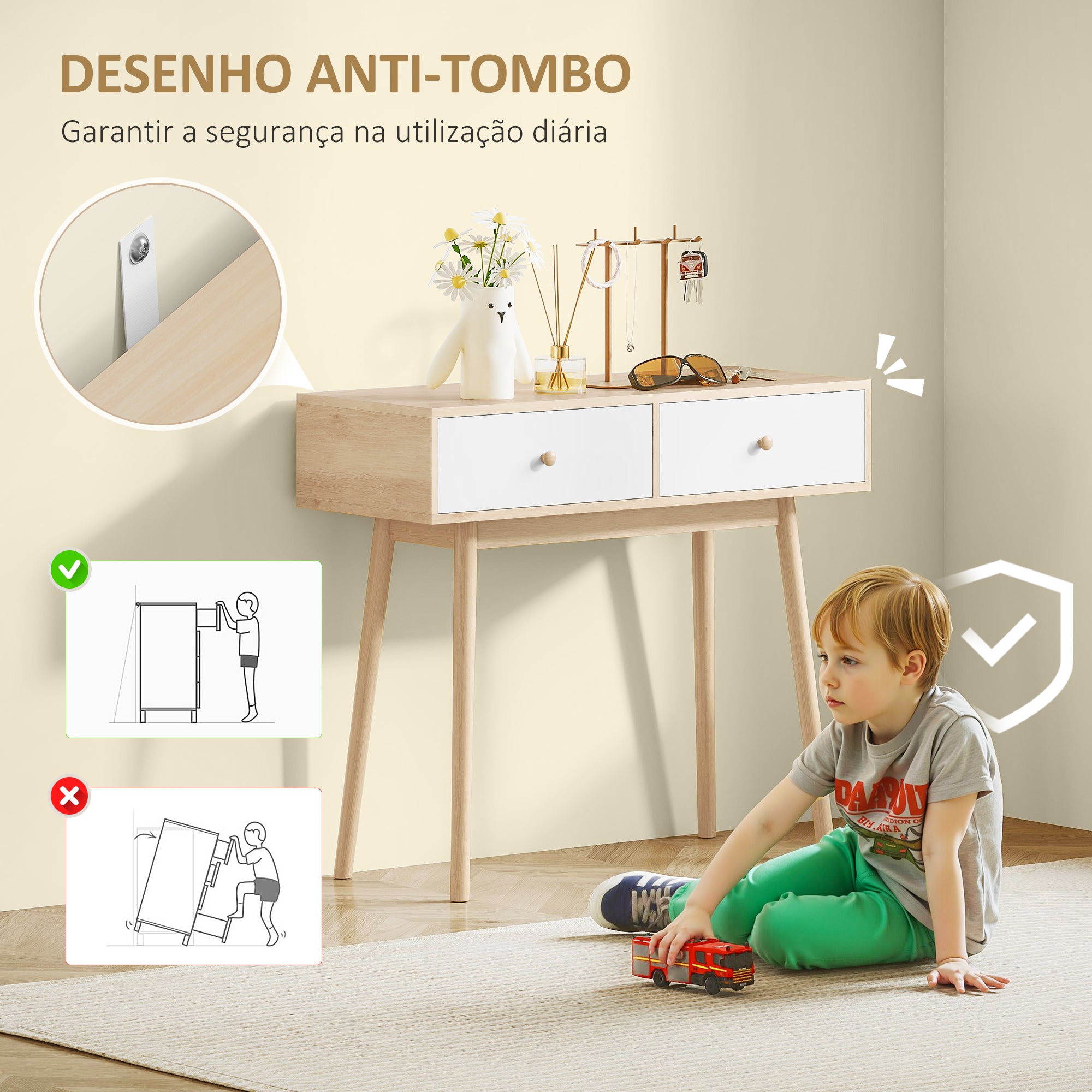 Mesa Consola Estreita com 2 Gavetas 86x35x75 cm - Carvalho e Branco
