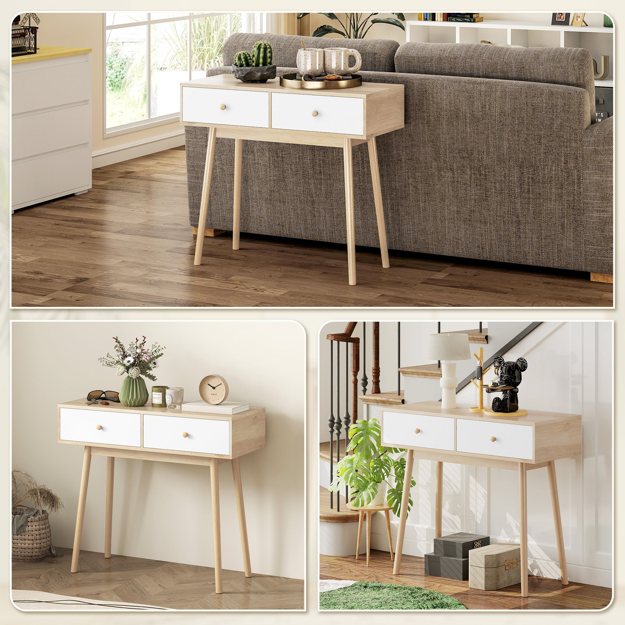 Mesa Consola Estreita com 2 Gavetas 86x35x75 cm - Carvalho e Branco