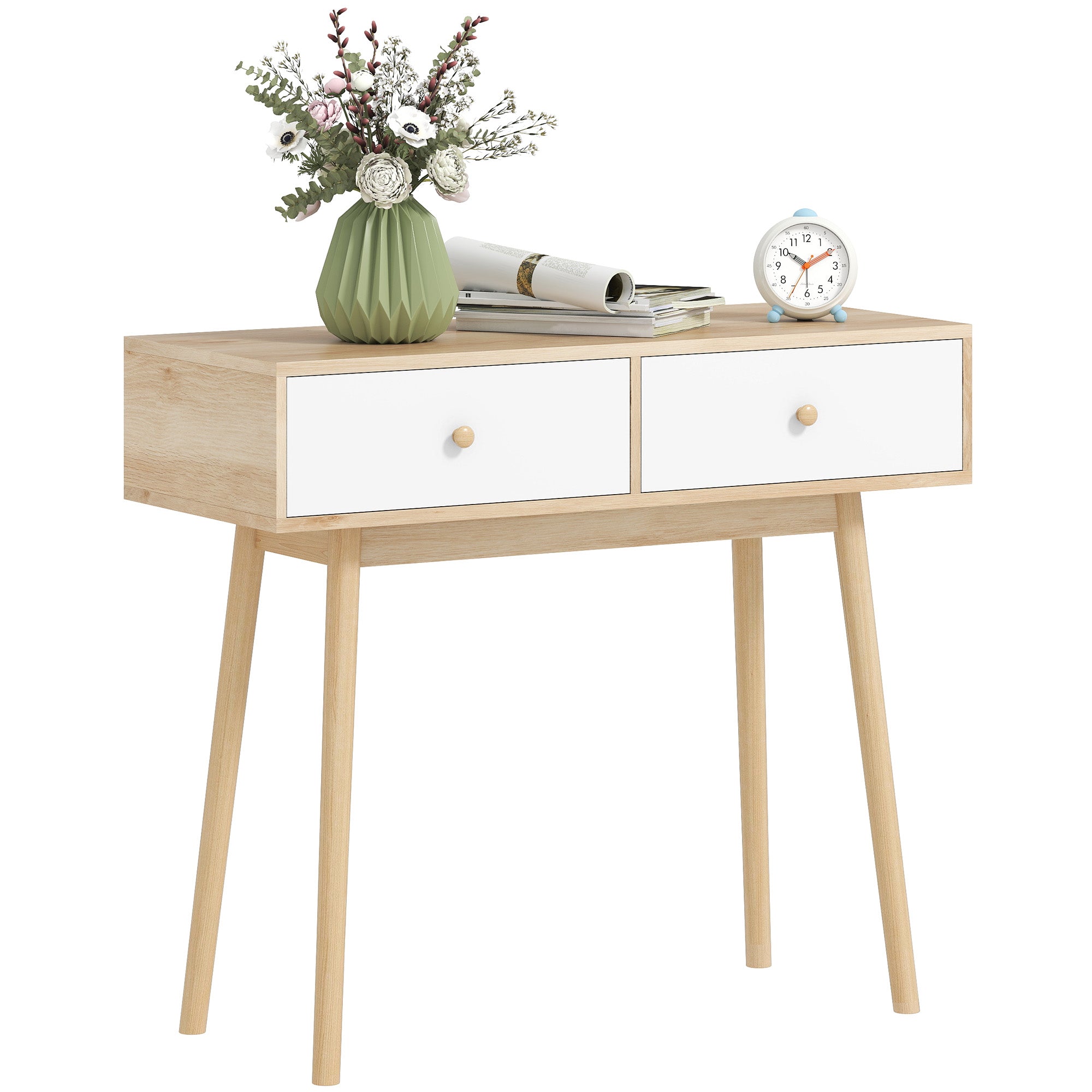 Mesa Consola Estreita com 2 Gavetas 86x35x75 cm - Carvalho e Branco