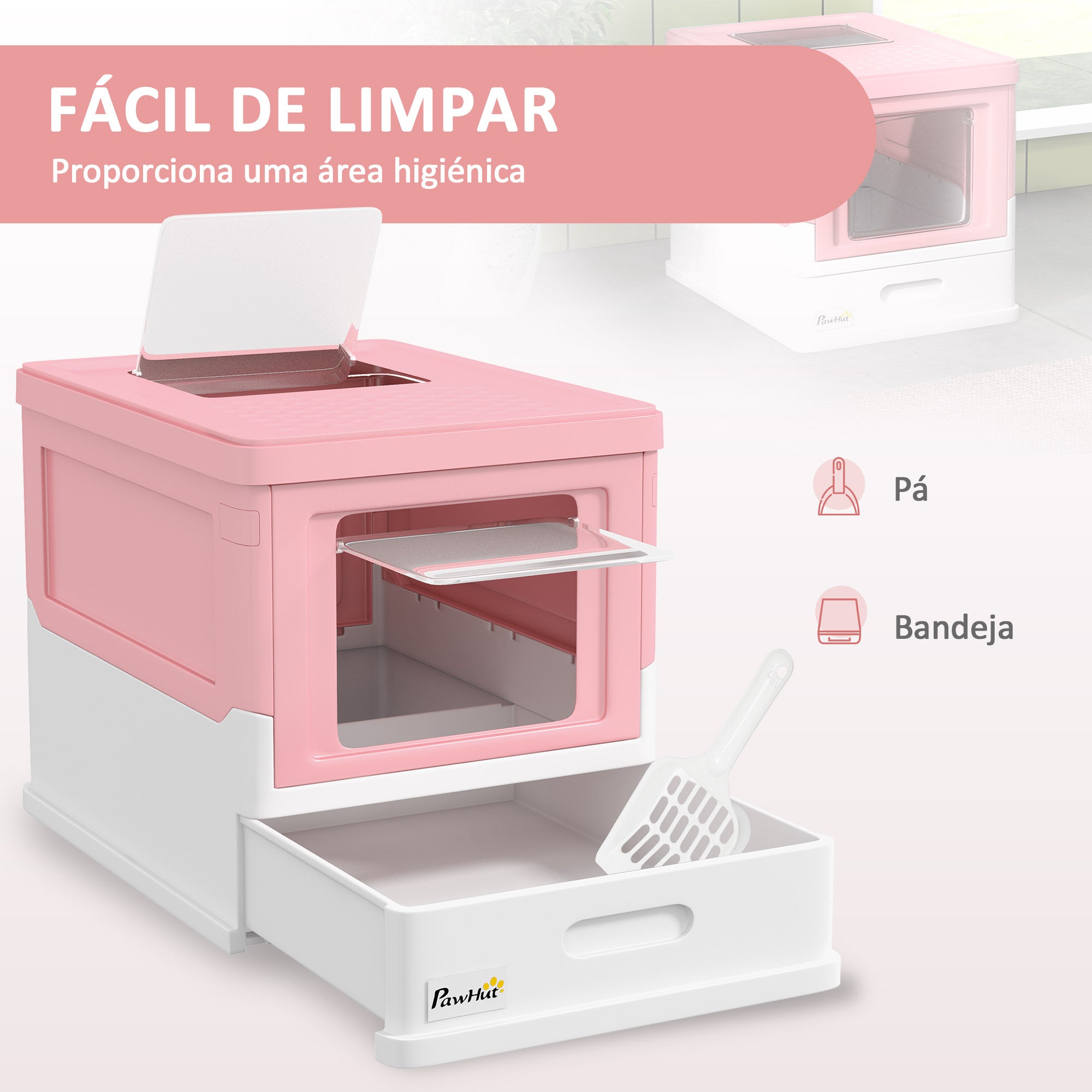Caixa de Areia para Gatos Dobrável com Cobertura Rosa 47,5x35,5x36,7cm