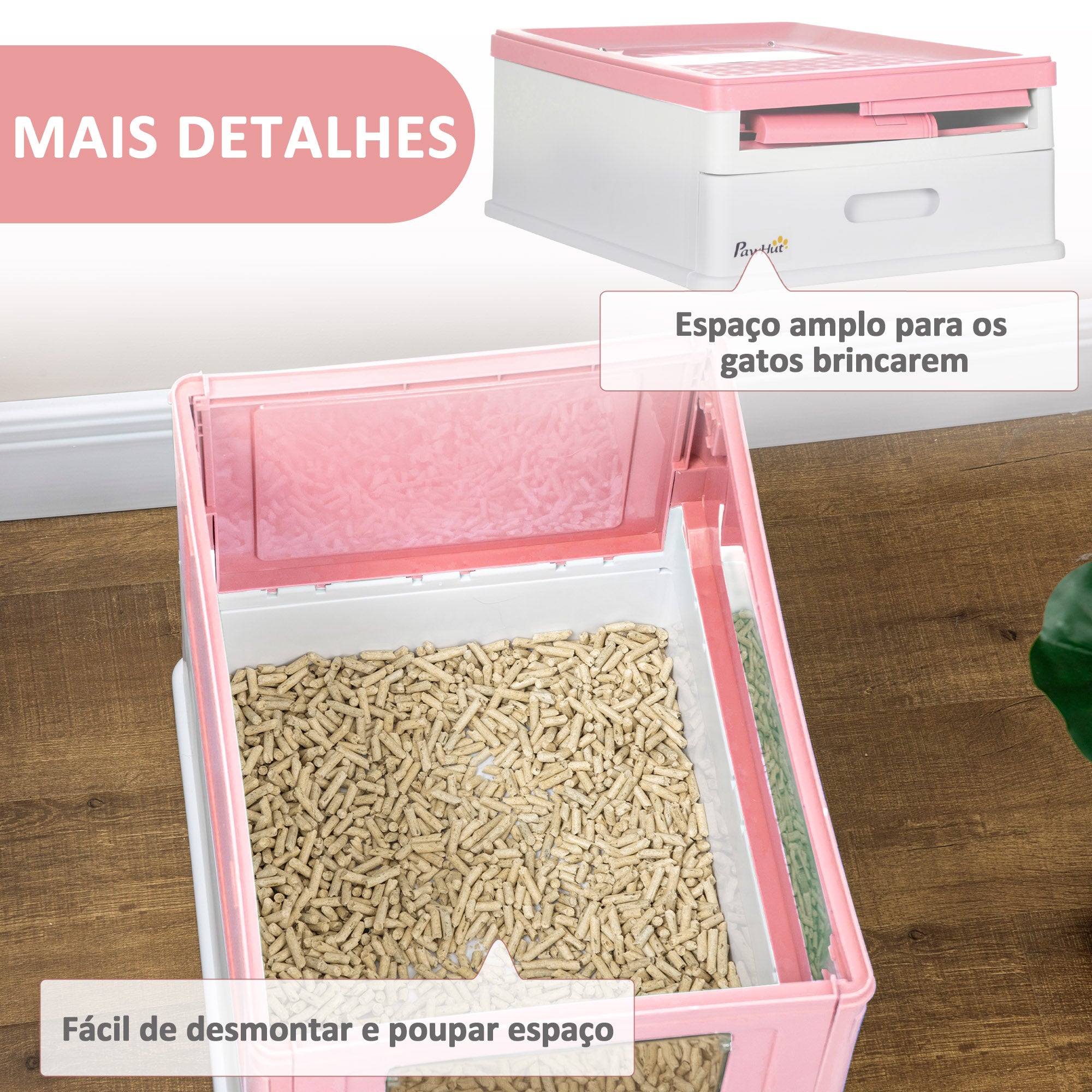 Caixa de Areia para Gatos Dobrável com Cobertura Rosa 47,5x35,5x36,7cm