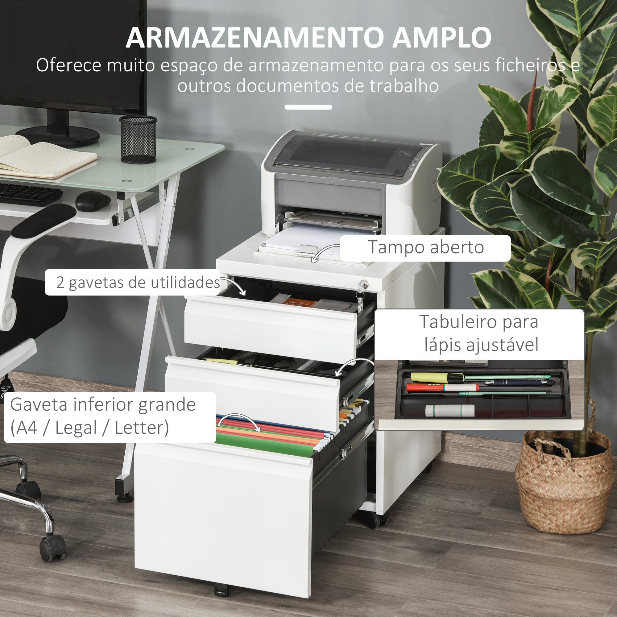 Bloco de Gavetas para Escritório com Rodas 39x48x60 cm - Branco
