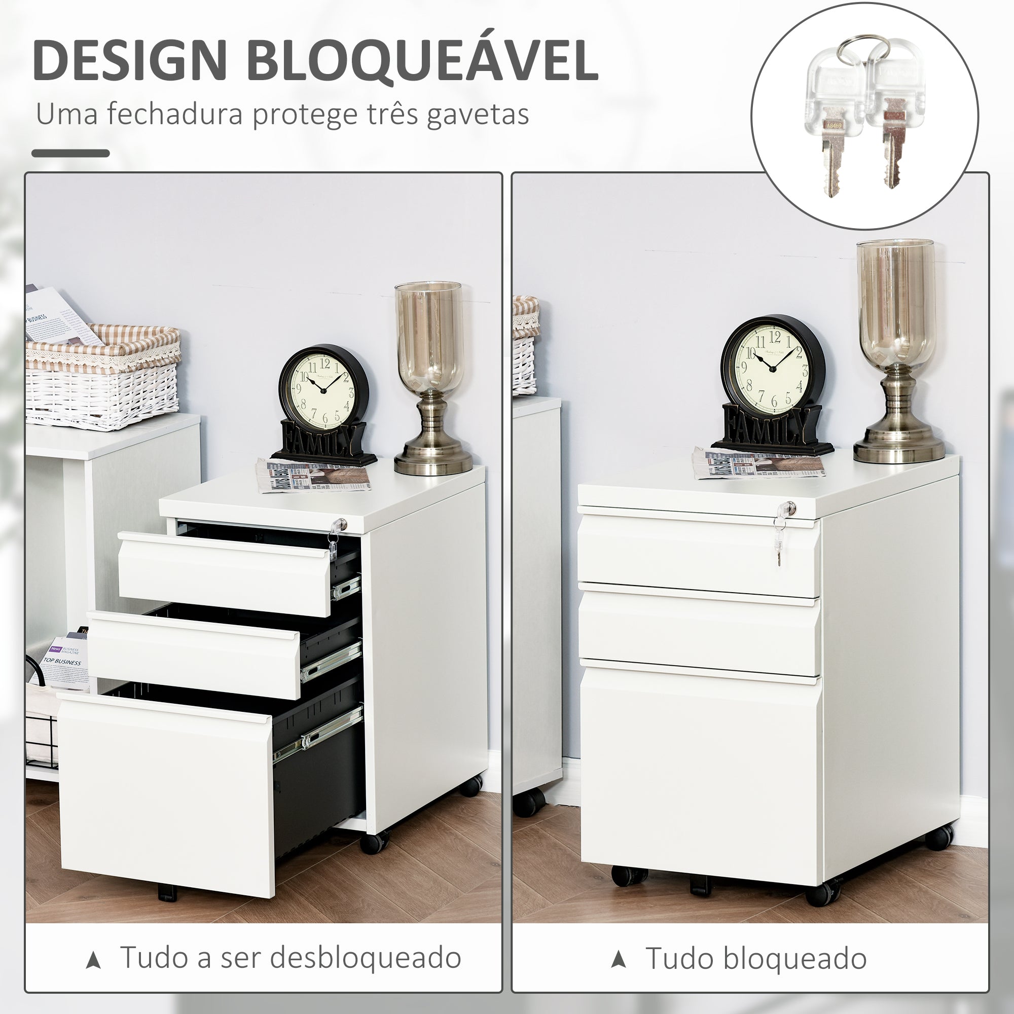 Bloco de Gavetas para Escritório com Rodas 39x48x60 cm - Branco