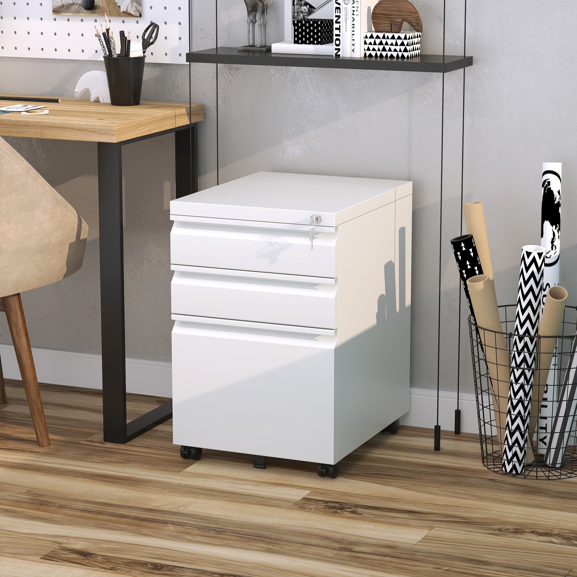 Bloco de Gavetas para Escritório com Rodas 39x48x60 cm - Branco