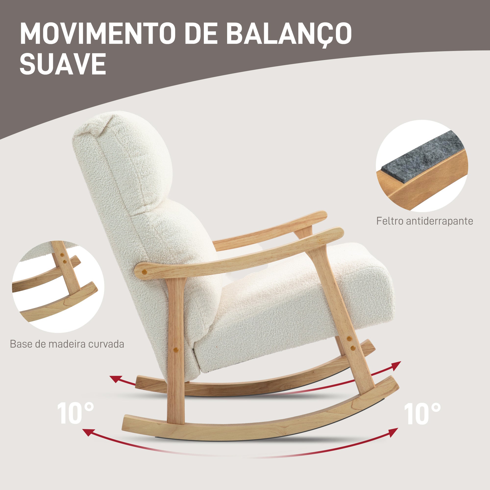Poltrona Baloiço – 65x90x98 cm – Creme – Madeira de faia