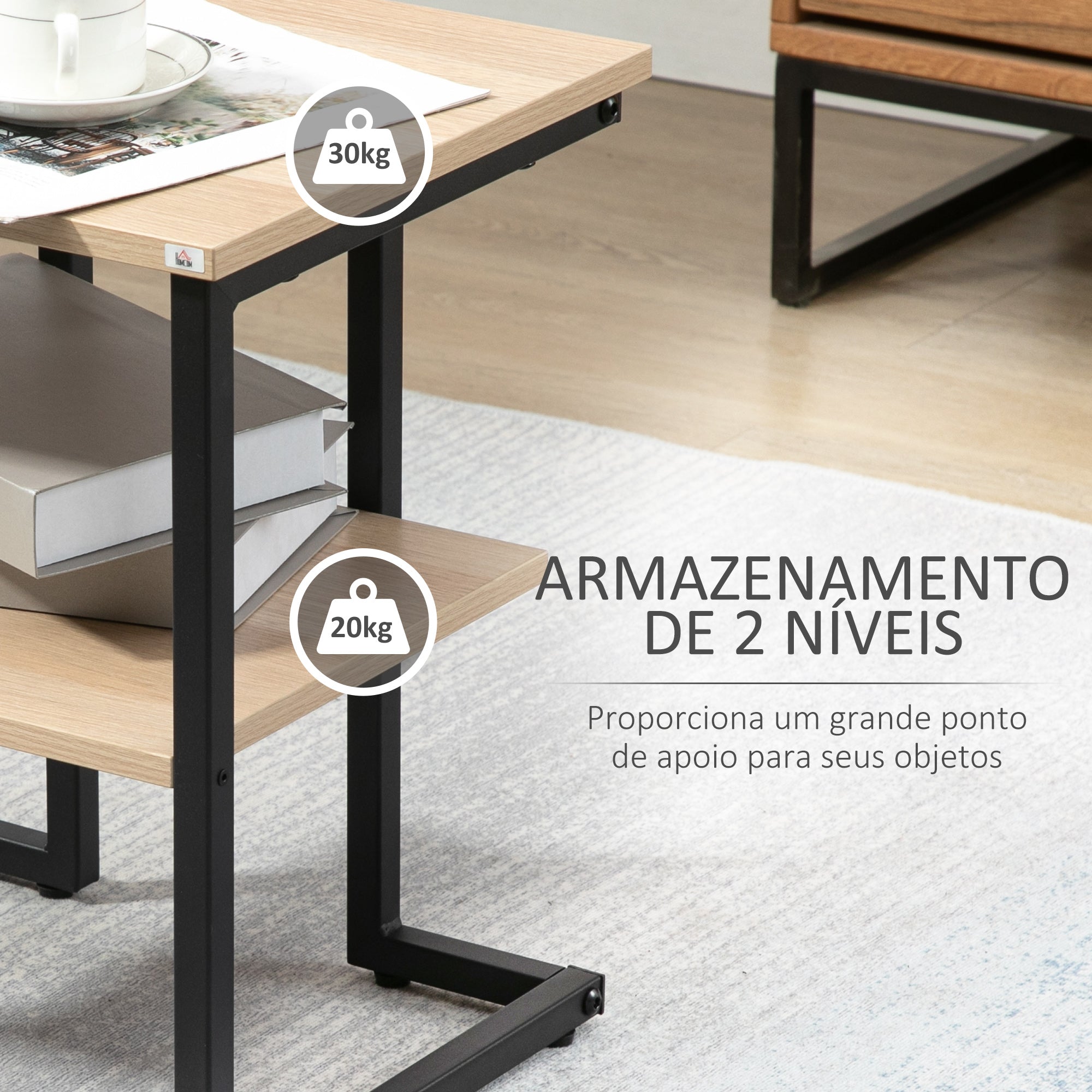 Mesa Auxiliar de 2 Níveis – 45x35x48cm – Preto – Madeira e Aço