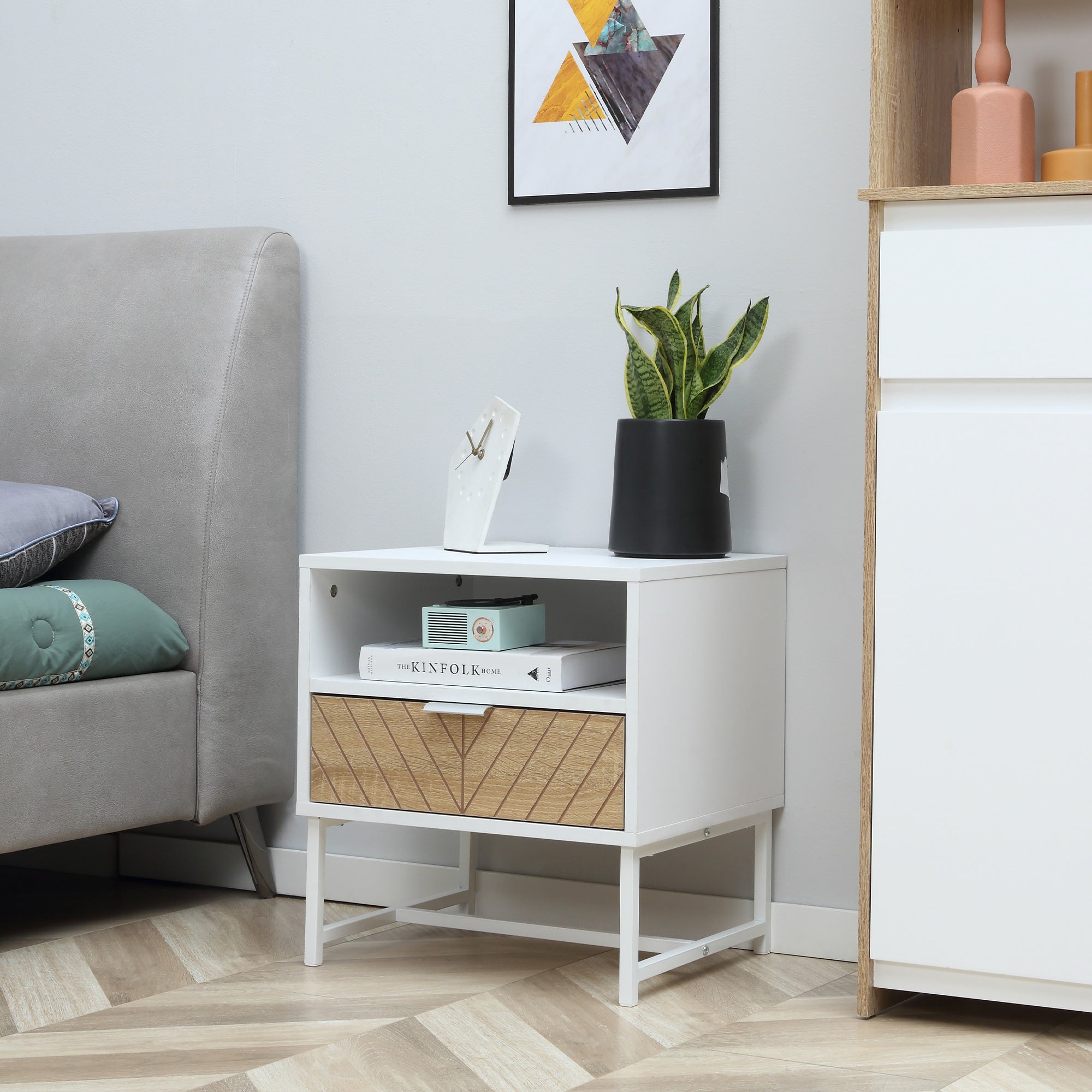 Mesa de Cabeceira Moderna com Gaveta e Compartimento 45x39x48 cm Branco e Madeira