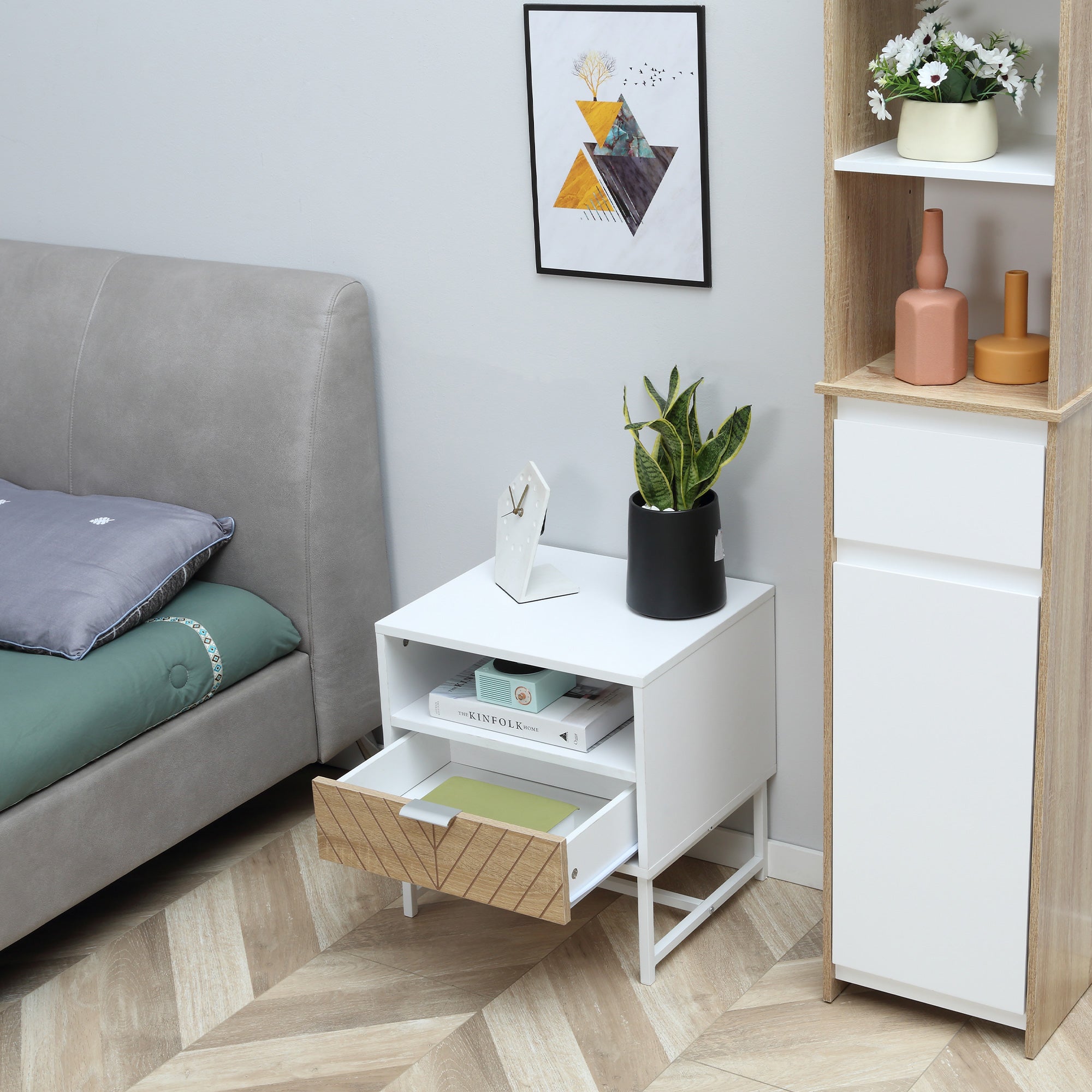 Mesa de Cabeceira Moderna com Gaveta e Compartimento 45x39x48 cm Branco e Madeira