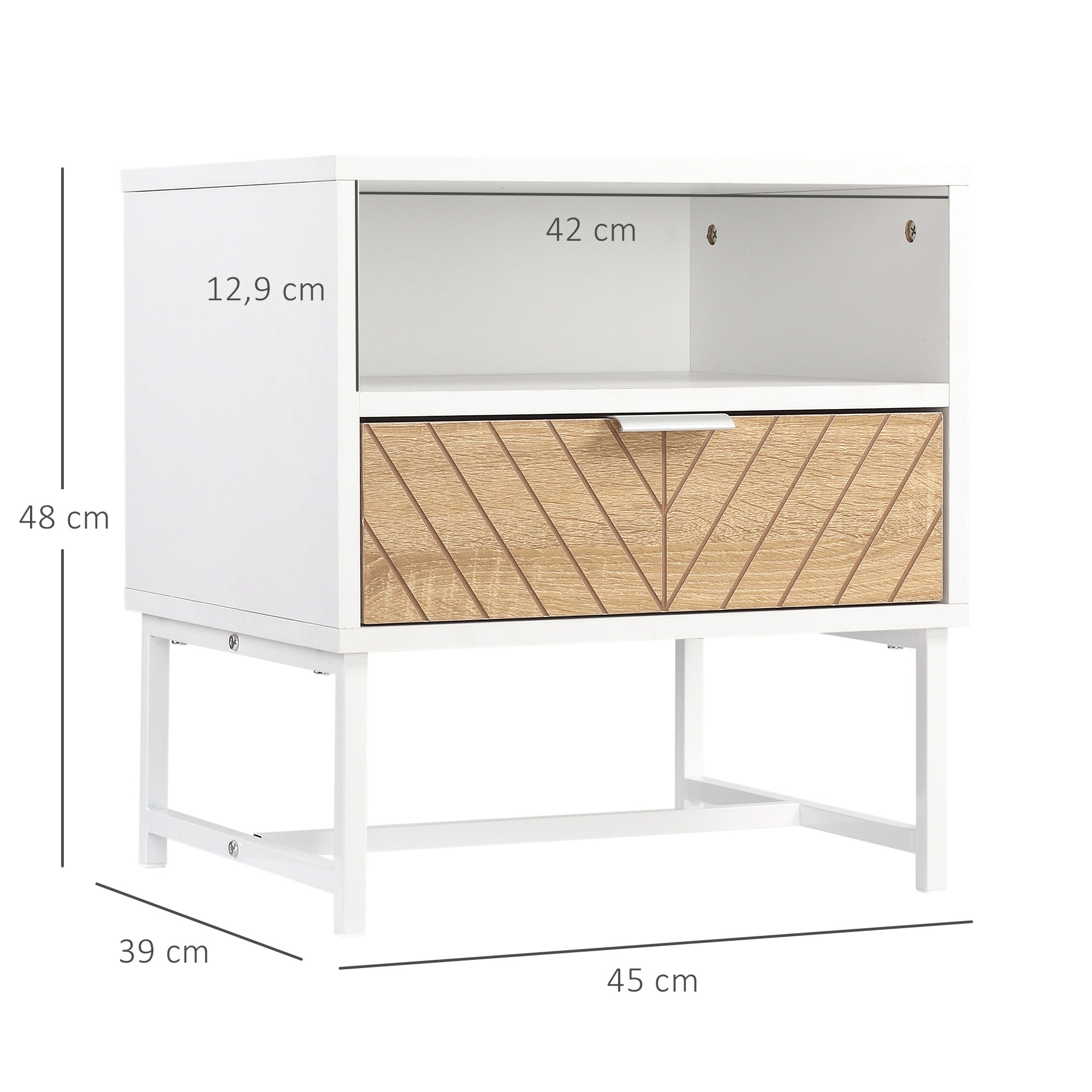 Mesa de Cabeceira Moderna com Gaveta e Compartimento 45x39x48 cm Branco e Madeira