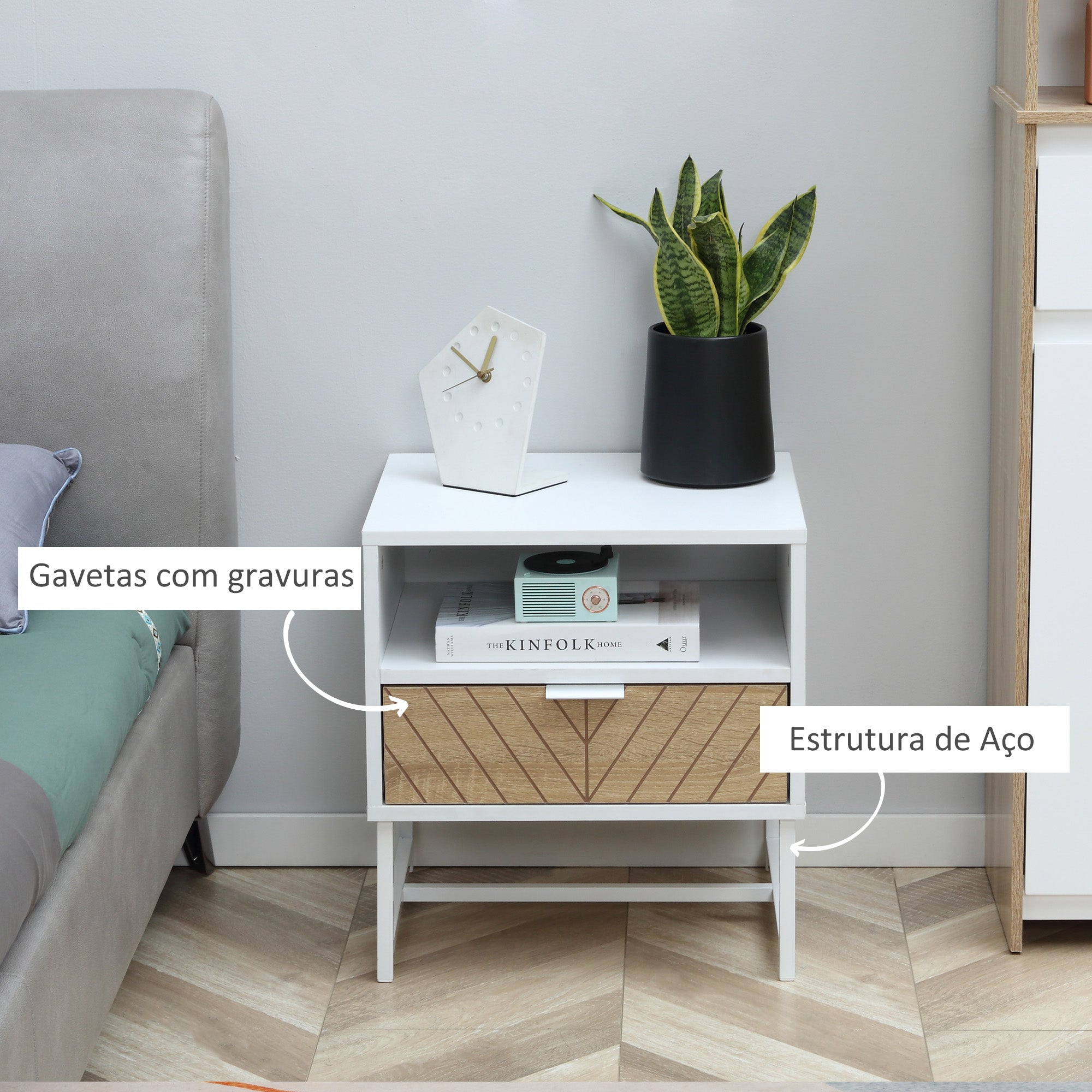 Mesa de Cabeceira Moderna com Gaveta e Compartimento 45x39x48 cm Branco e Madeira