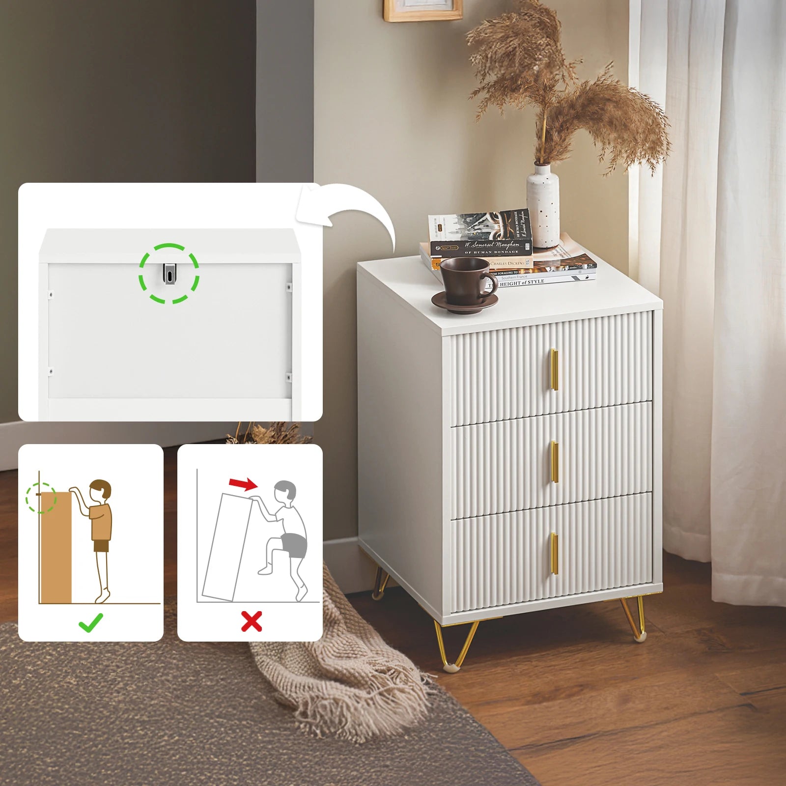 Mesa de Cabeceira Aura - com 3 Gavetas – Branco – 40x63x40 cm