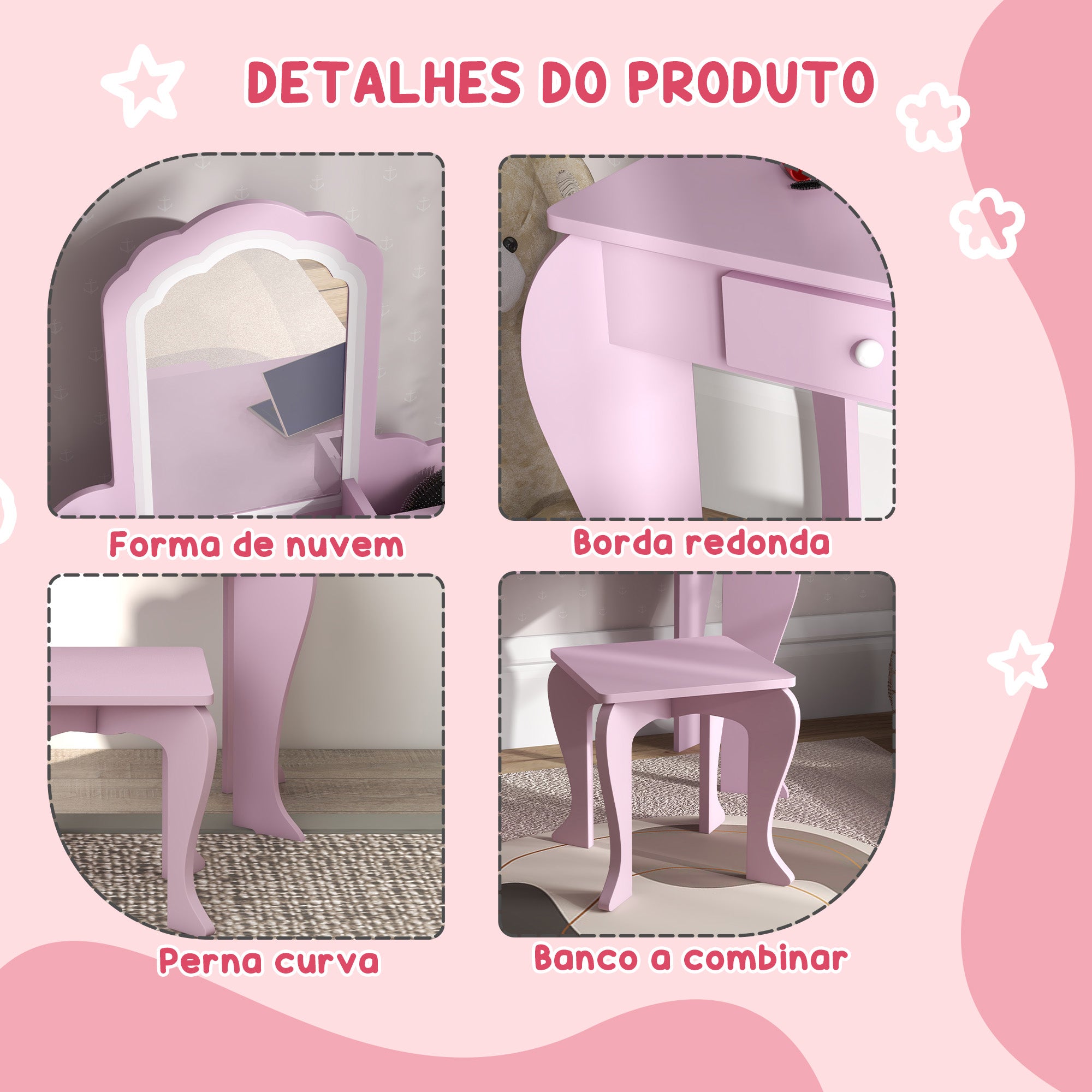 Encantador Toucador Infantil em Rosa 55x36x86 cm