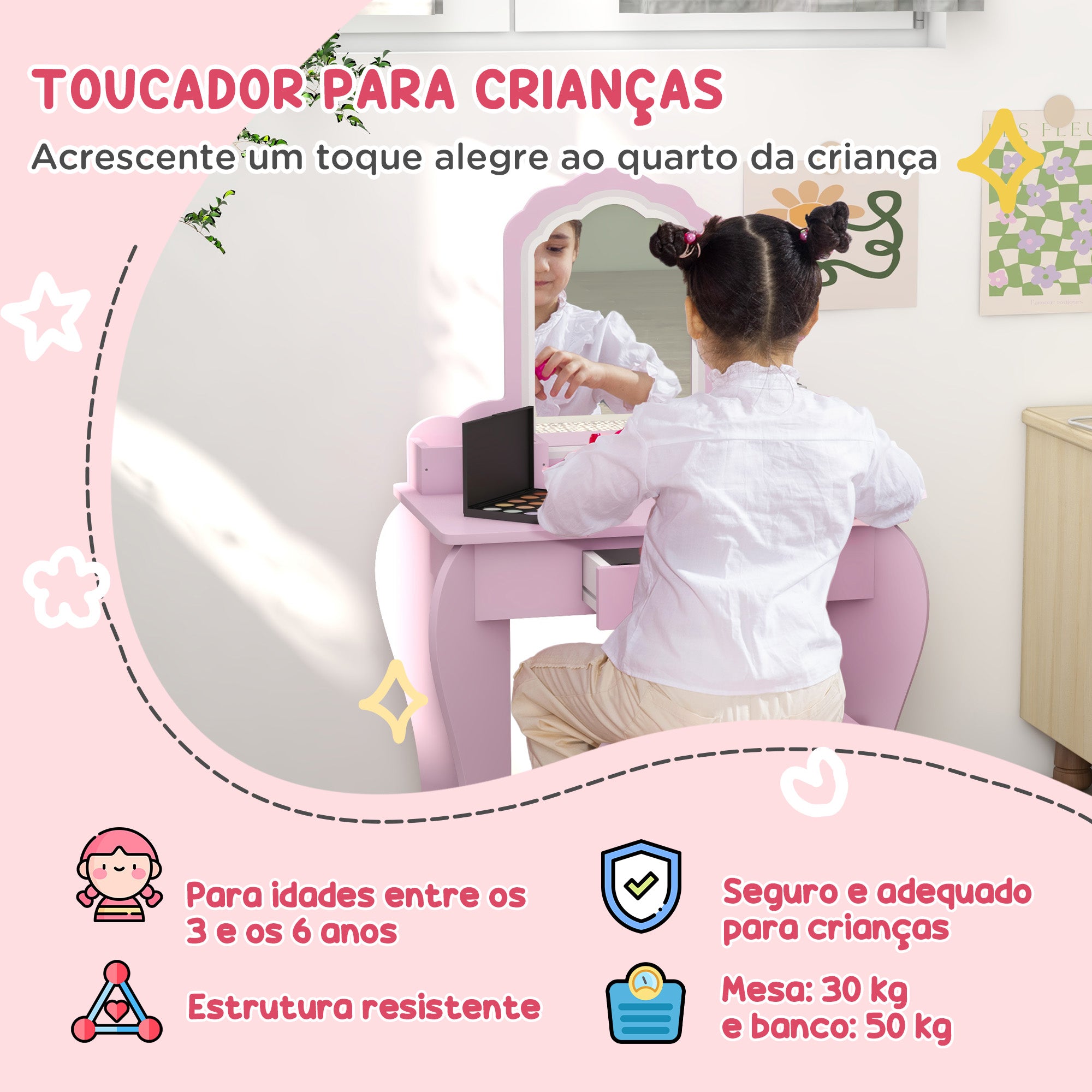 Encantador Toucador Infantil em Rosa 55x36x86 cm
