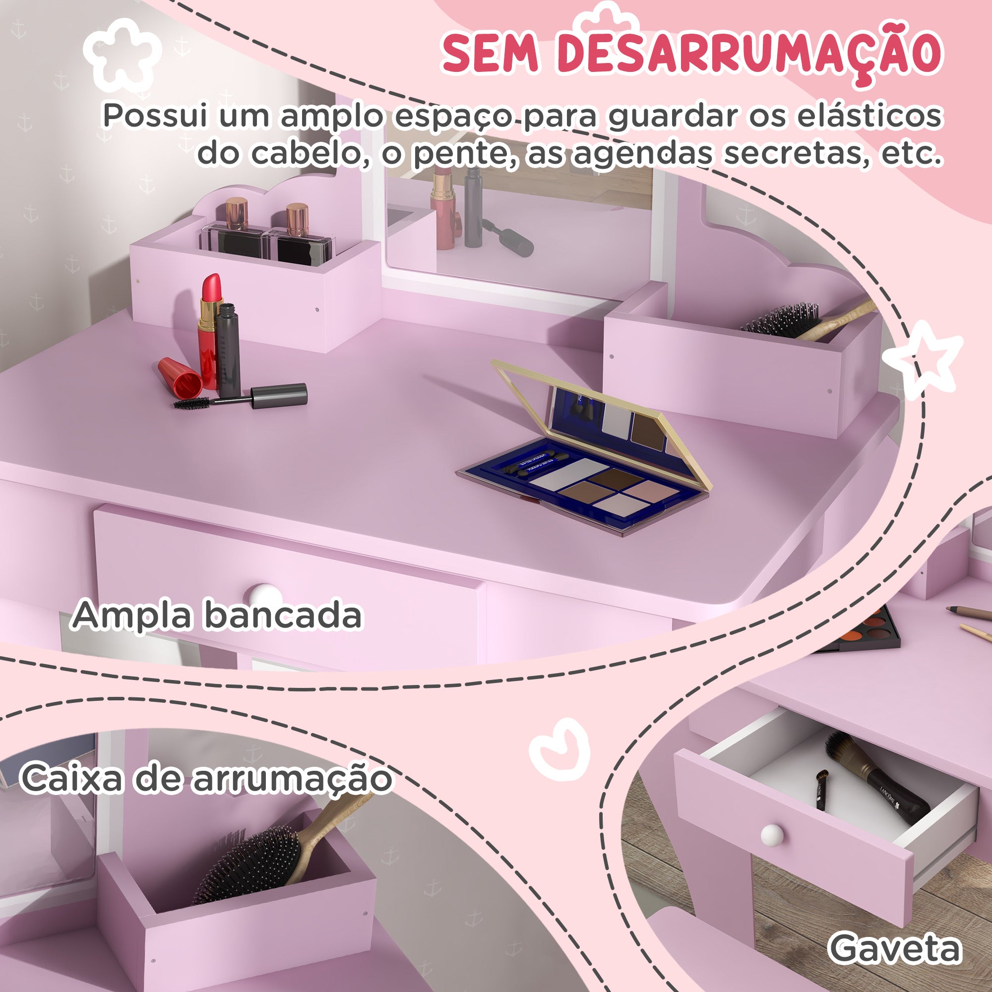 Encantador Toucador Infantil em Rosa 55x36x86 cm
