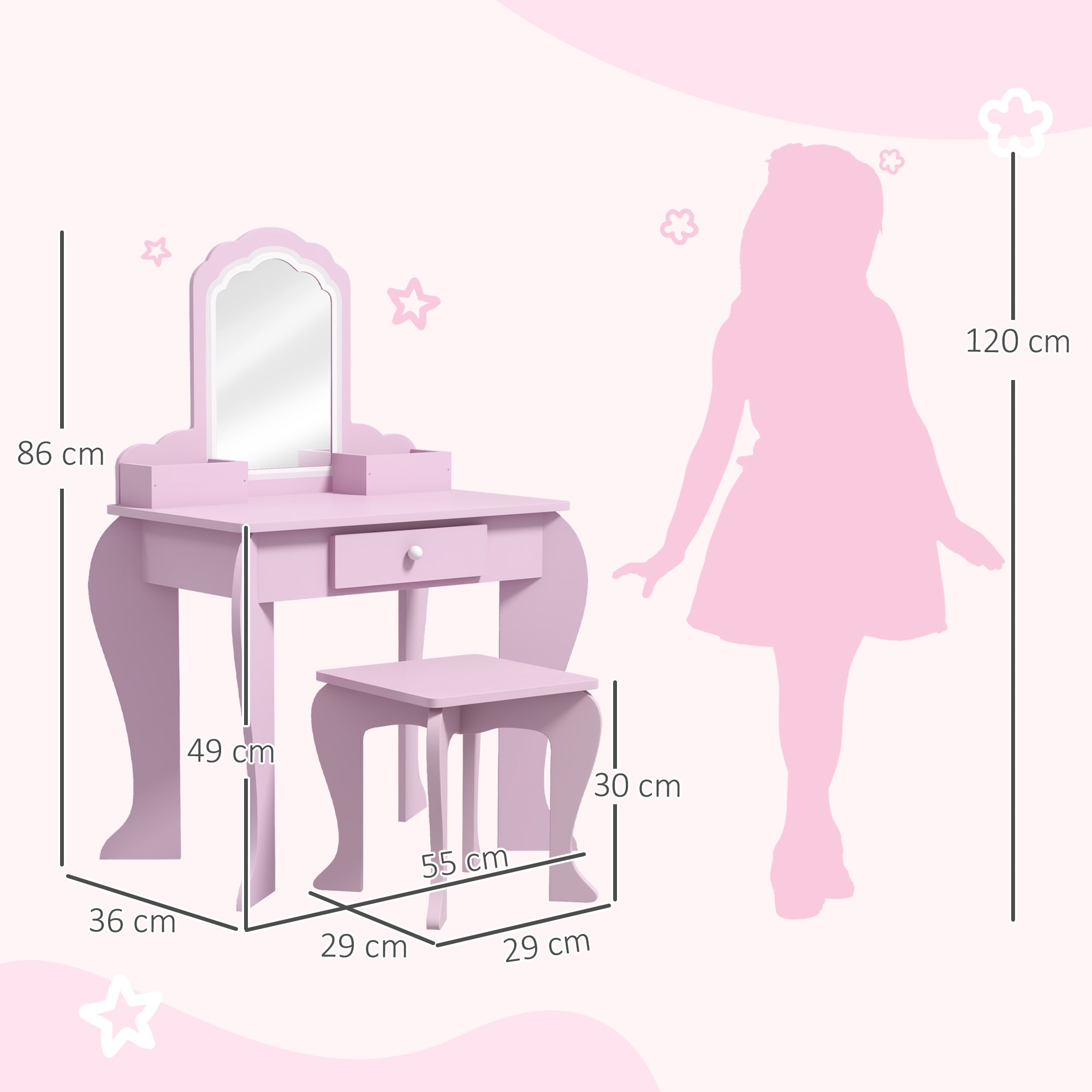 Encantador Toucador Infantil em Rosa 55x36x86 cm