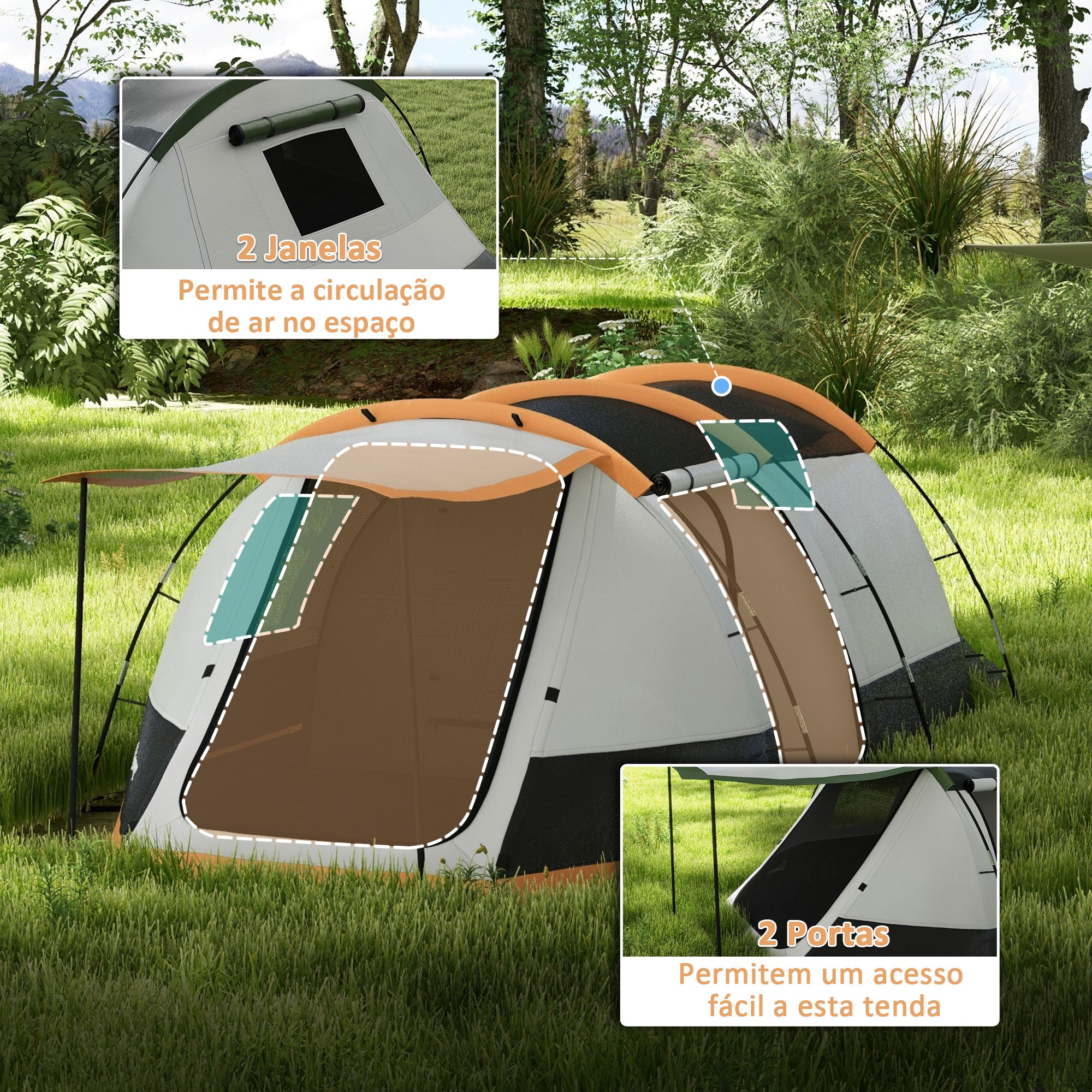 Tenda de Campismo Familiar para 3-4 Pessoas 370x220x130 cm Laranja e Cinza