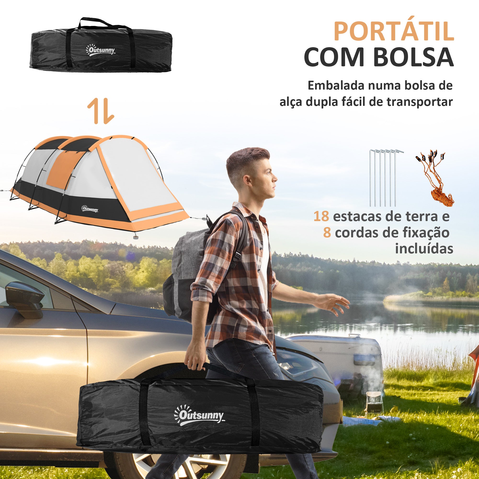 Tenda de Campismo Familiar para 3-4 Pessoas 370x220x130 cm Laranja e Cinza