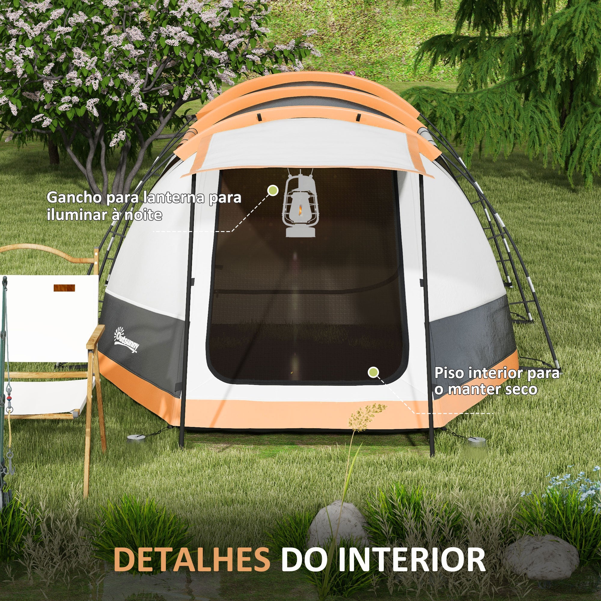 Tenda de Campismo Familiar para 3-4 Pessoas 370x220x130 cm Laranja e Cinza