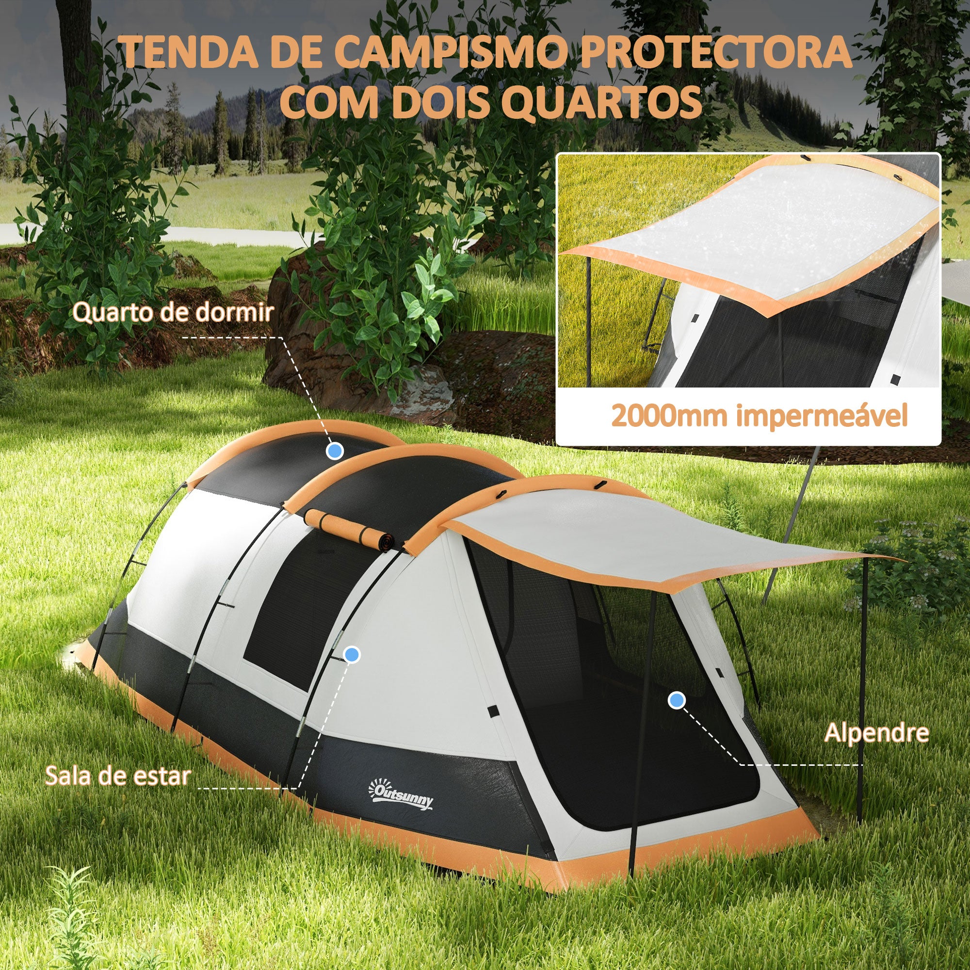Tenda de Campismo Familiar para 3-4 Pessoas 370x220x130 cm Laranja e Cinza