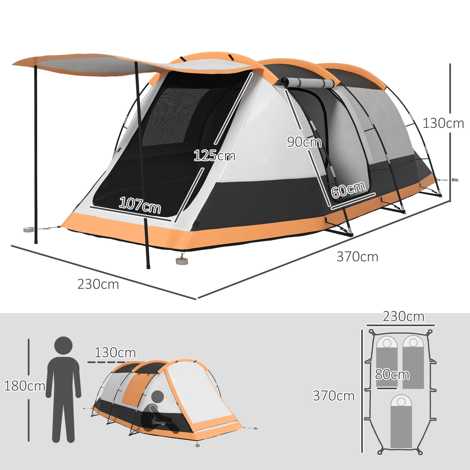 Tenda de Campismo Familiar para 3-4 Pessoas 370x220x130 cm Laranja e Cinza