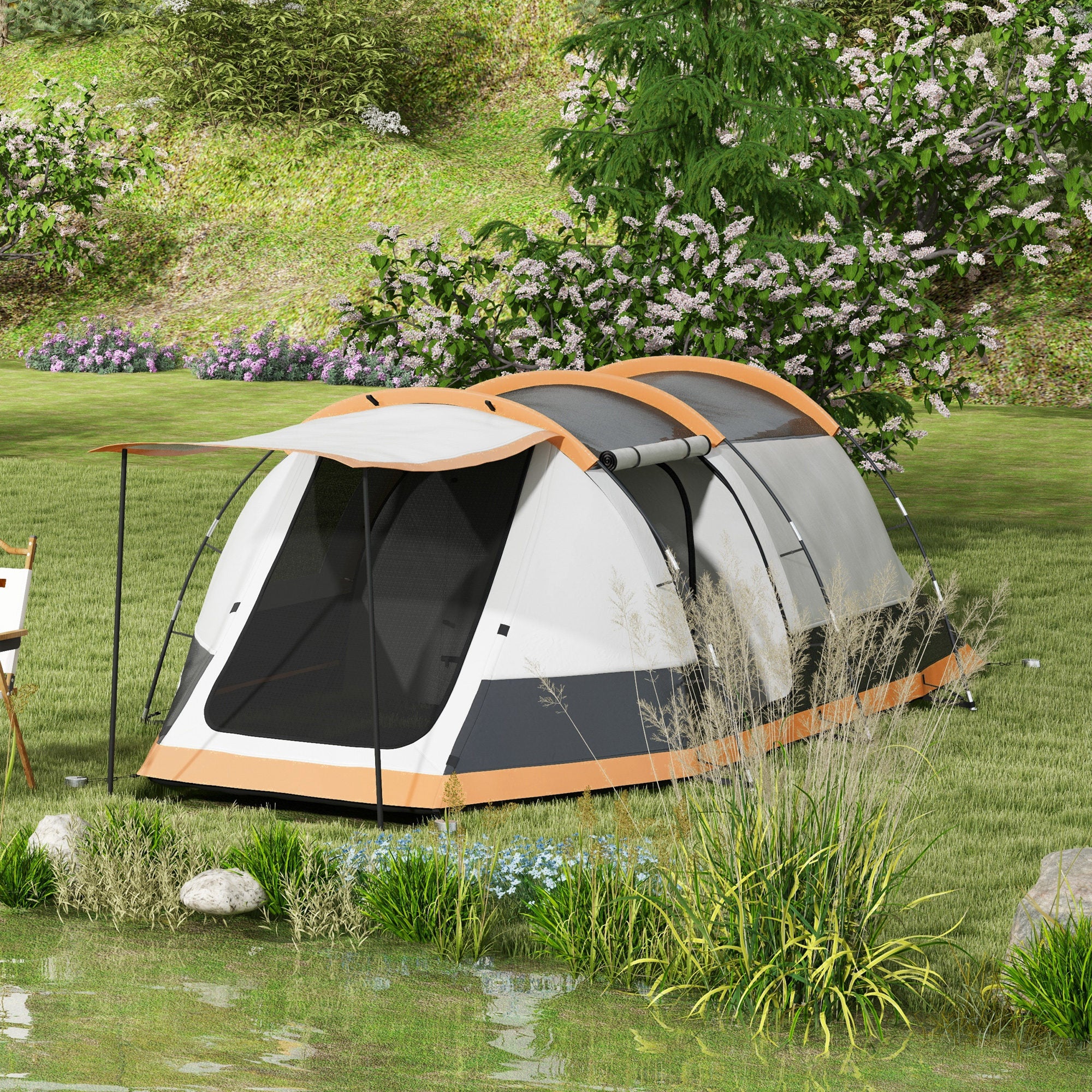 Tenda de Campismo Familiar para 3-4 Pessoas 370x220x130 cm Laranja e Cinza