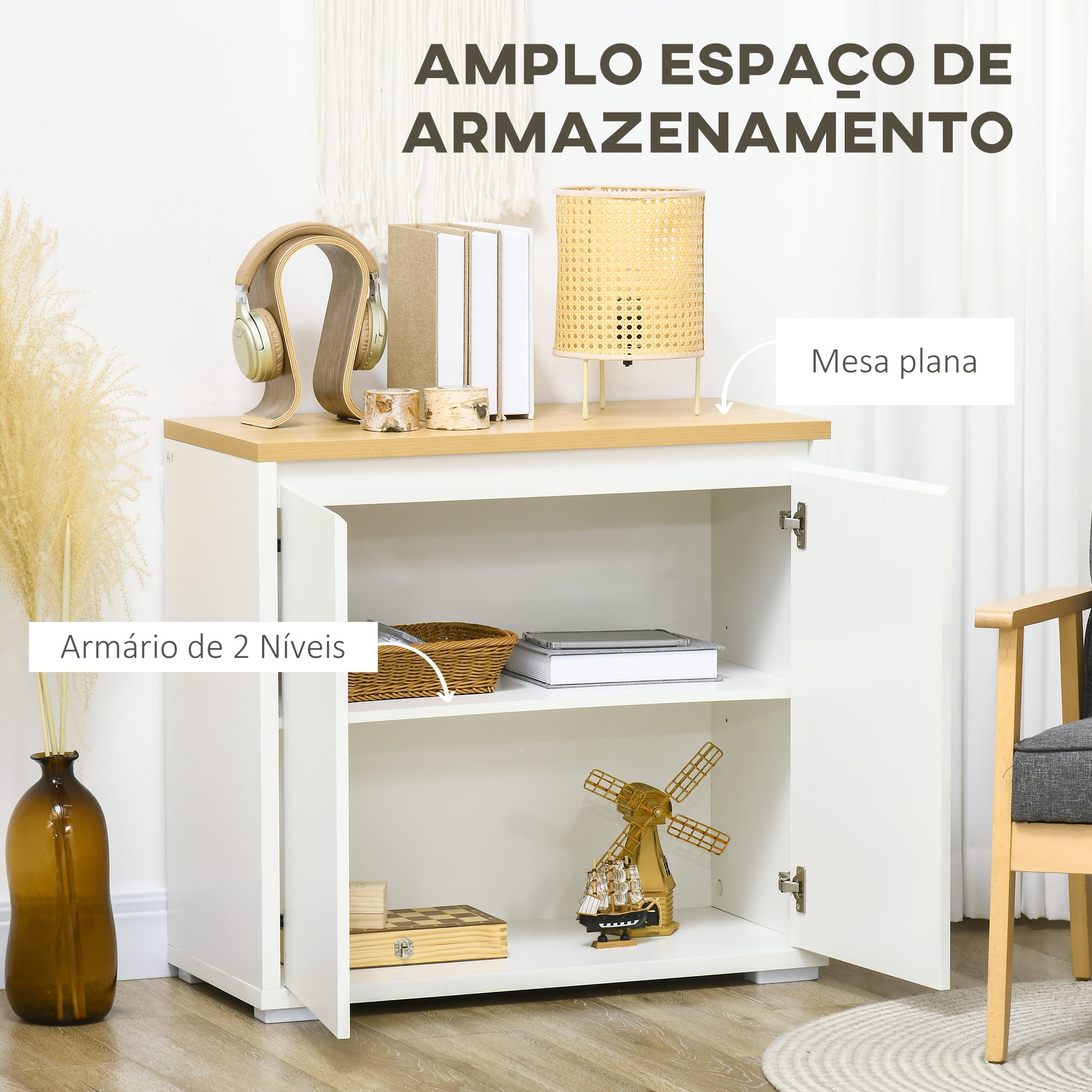 Aparador de Sala de Estar Branco e Madeira 80x37x75 cm
